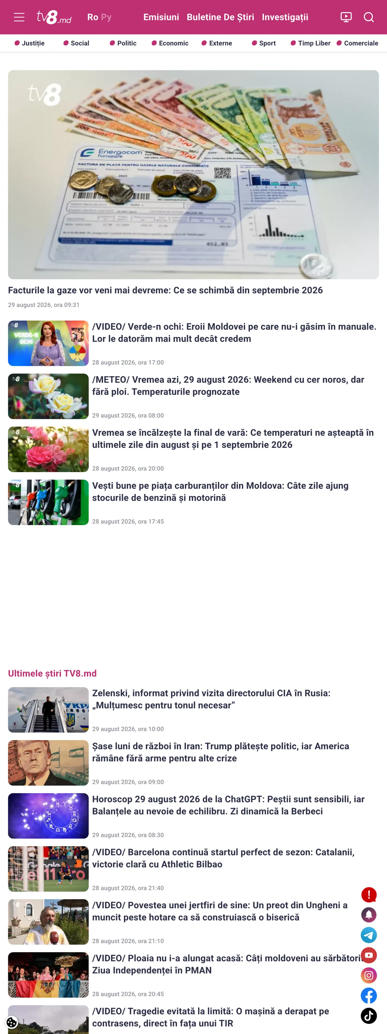 Screenshot of the TV8 front page