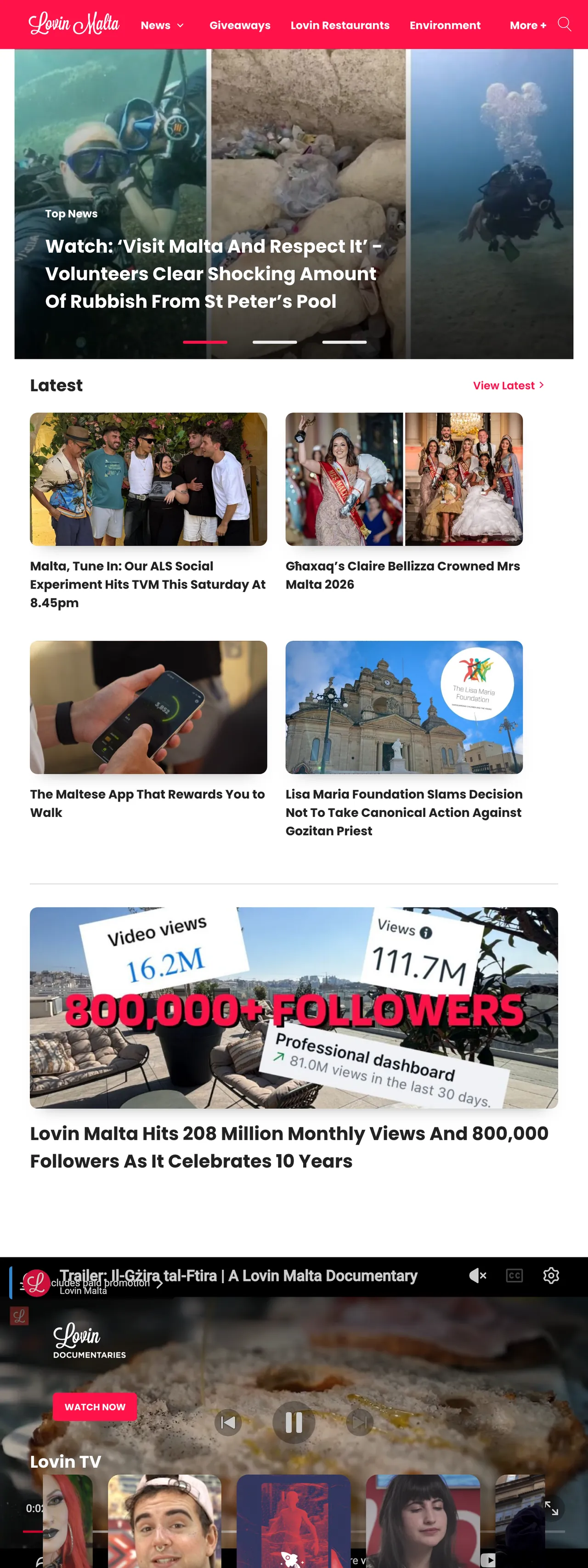 Screenshot of the Lovin Malta front page