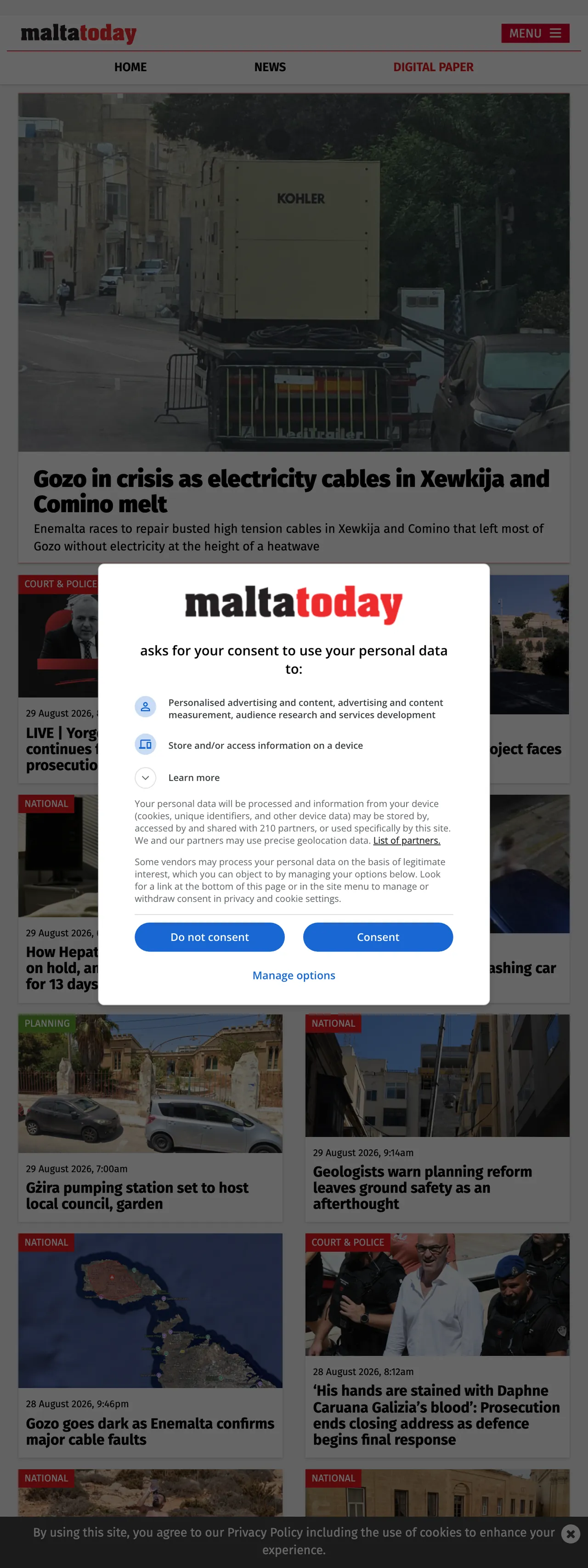 Screenshot of the Malta Today front page