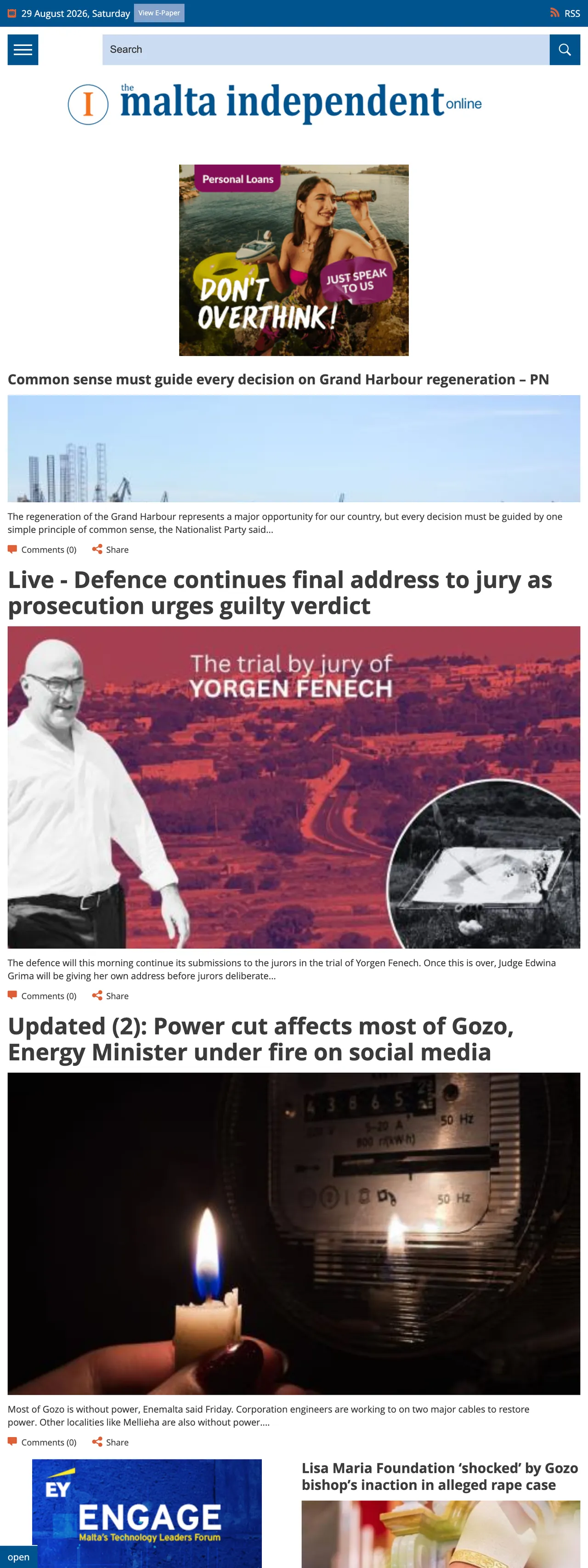 Screenshot of the The Malta Independent front page