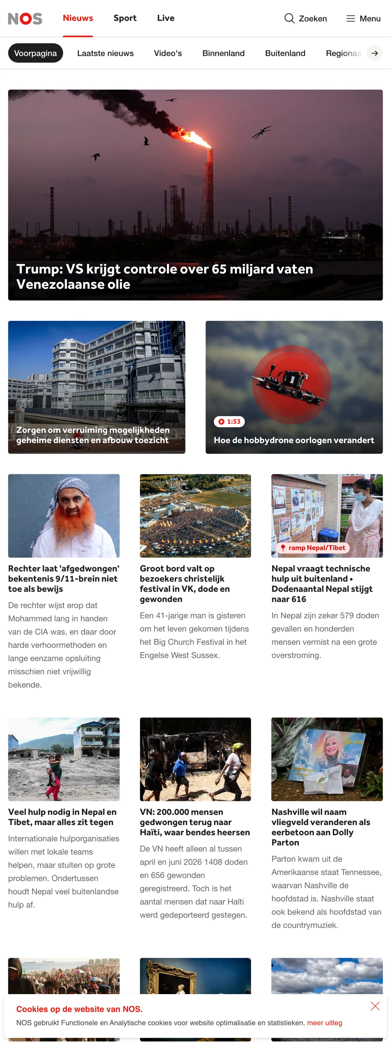 Screenshot of the NOS front page