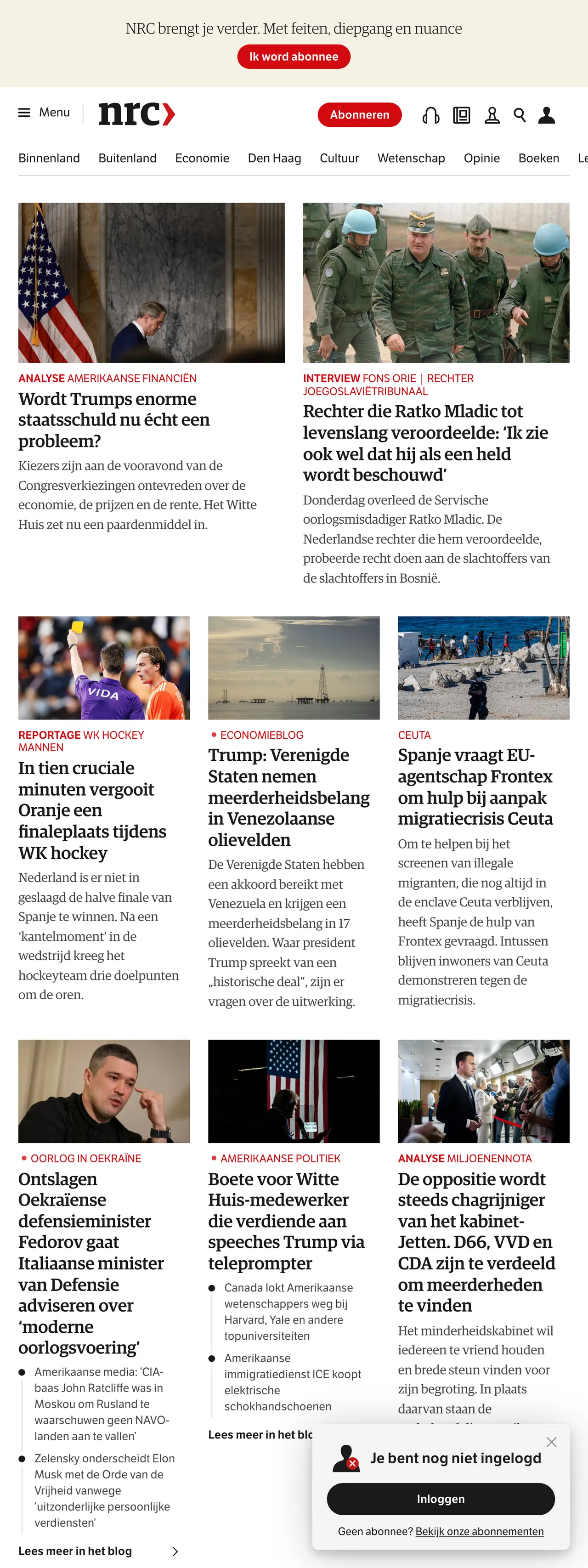 Screenshot of the NRC front page