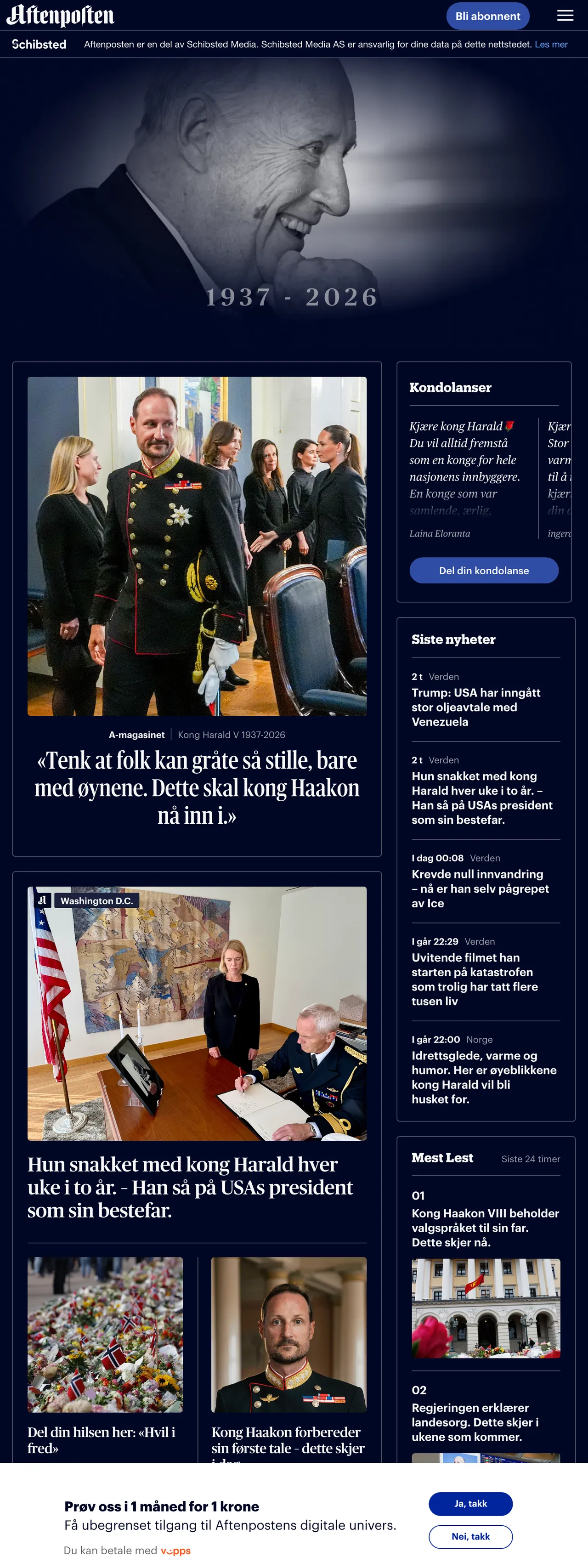 Screenshot of the Aftenposten front page