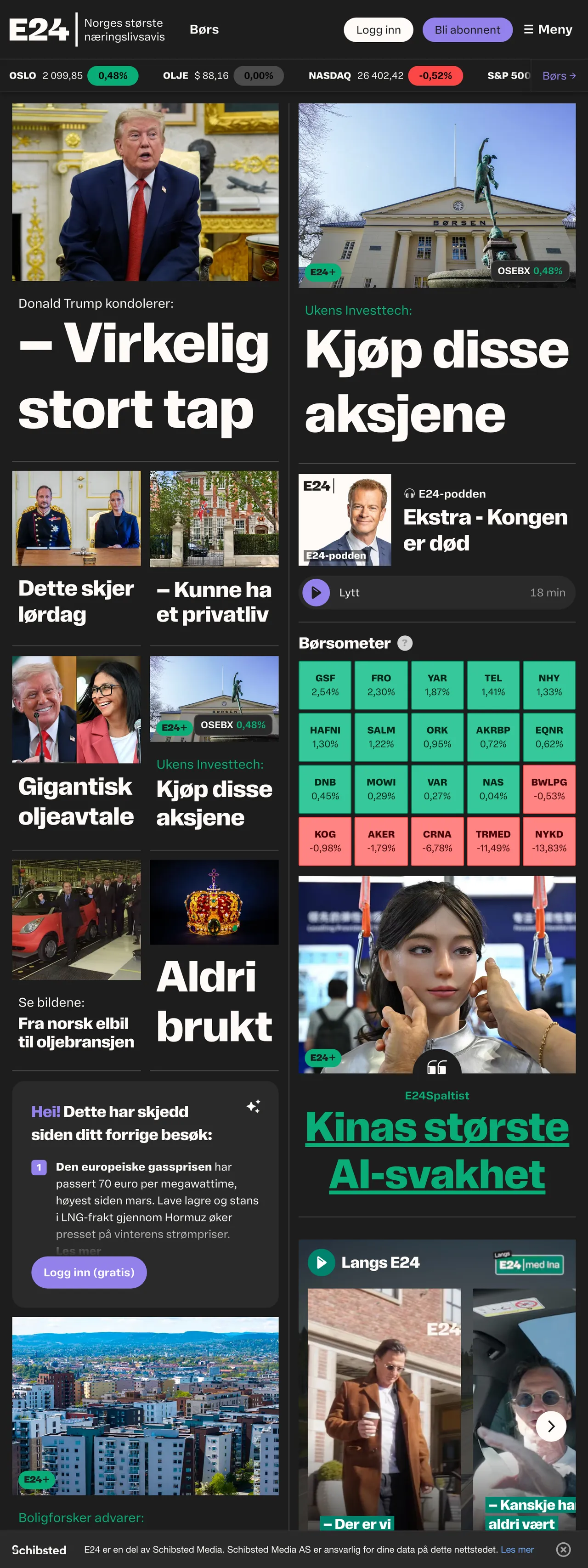 Screenshot of the E24 front page