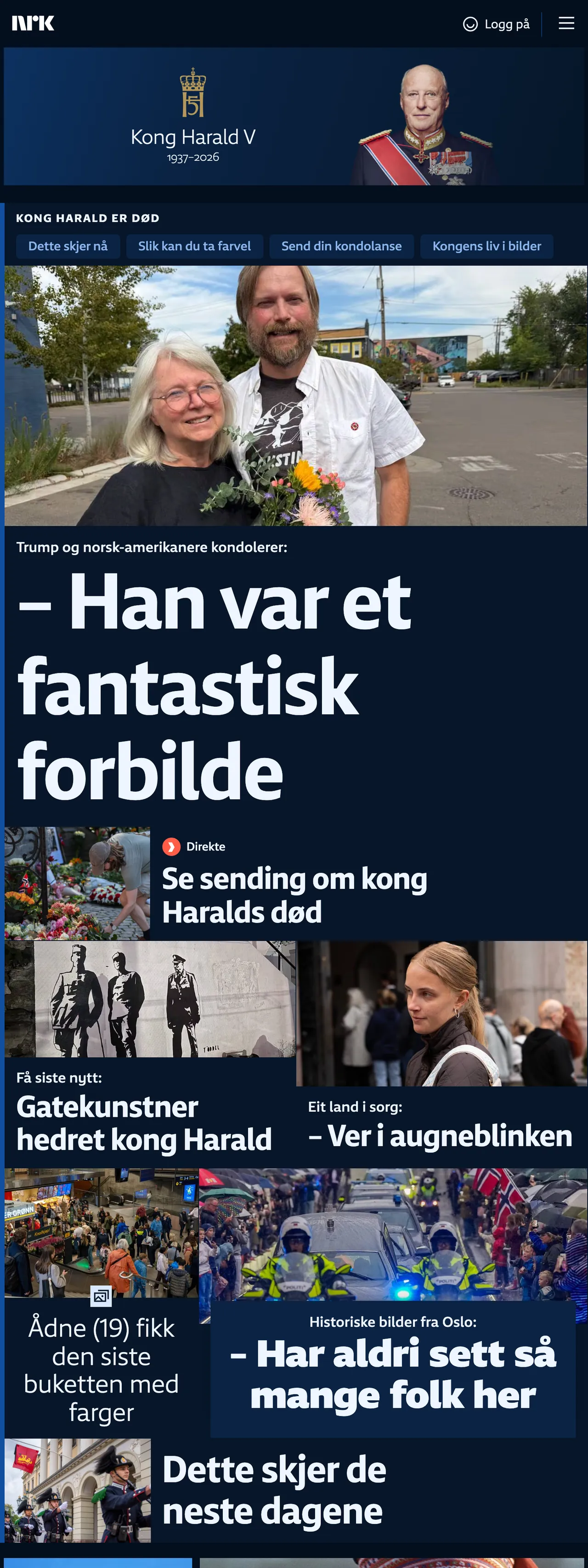 Screenshot of the NRK front page