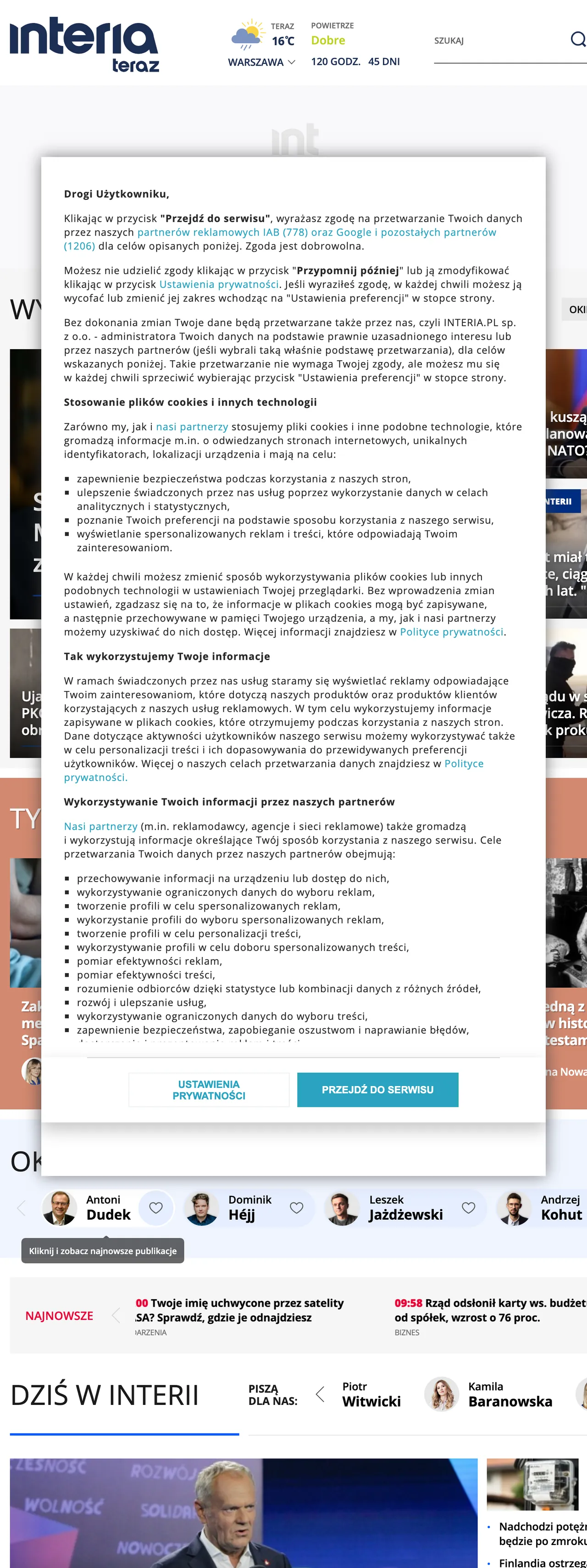 Screenshot of the Interia front page