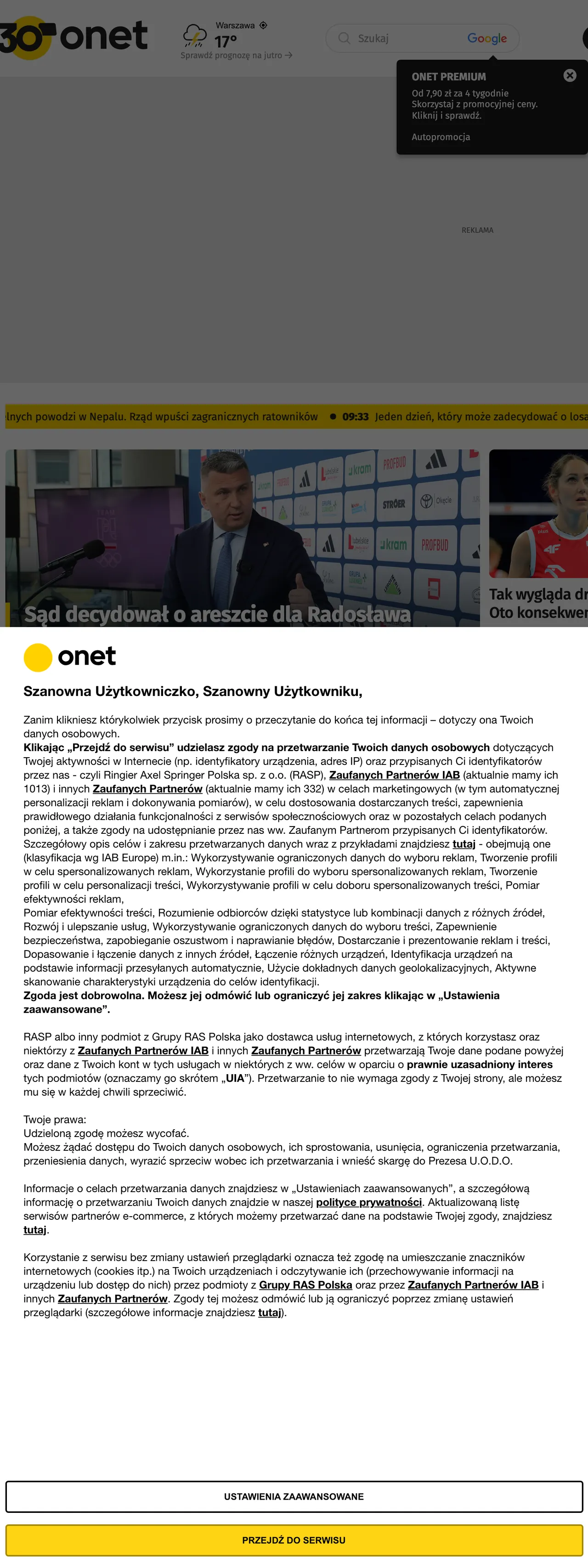 Screenshot of the Onet front page