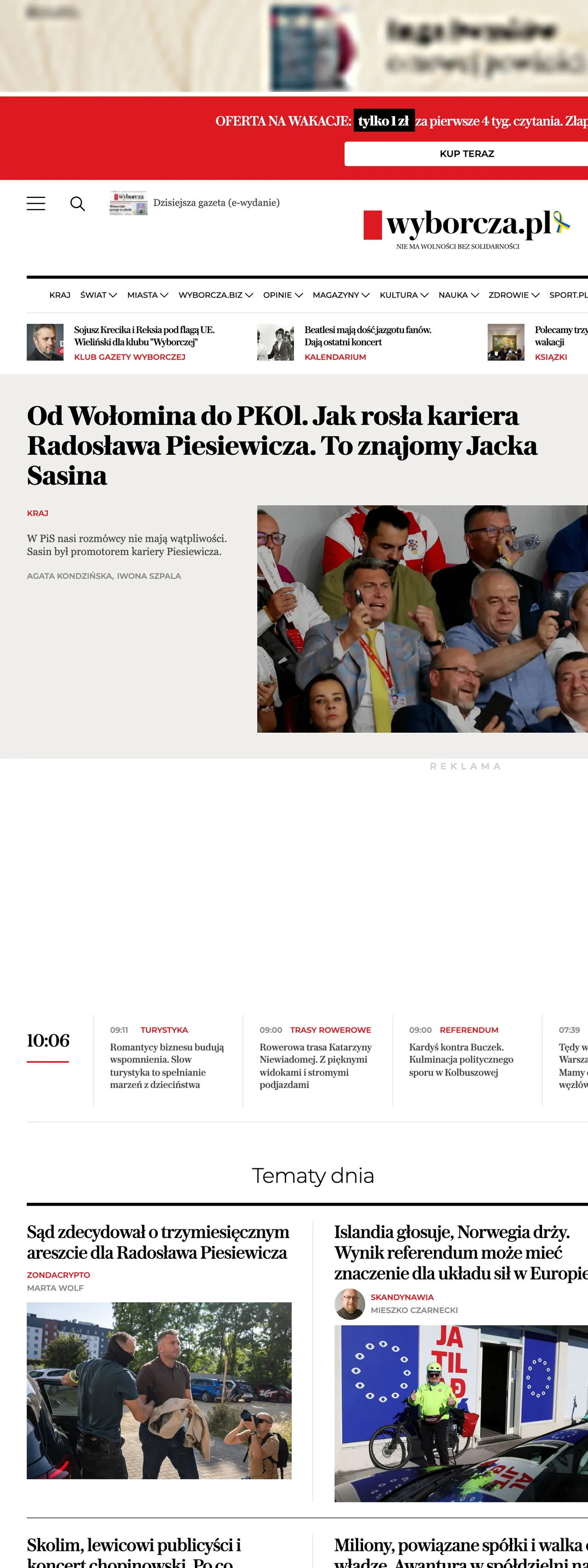 Screenshot of the Wyborcza front page