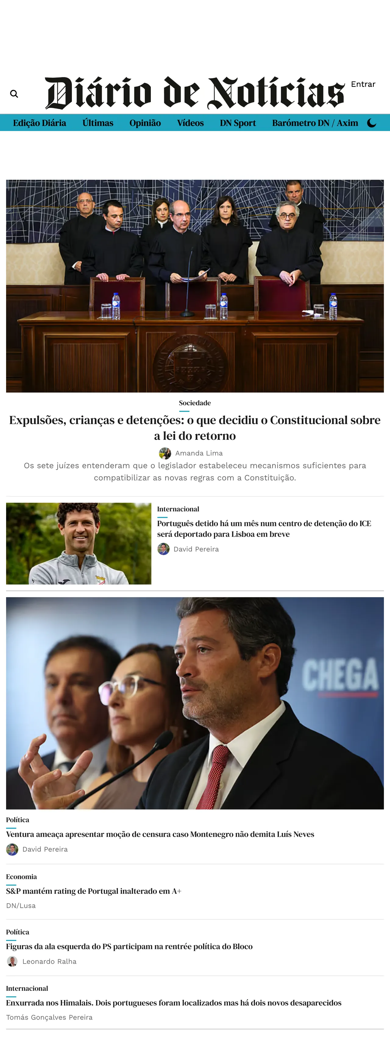 Screenshot of the Diário de Notícias front page