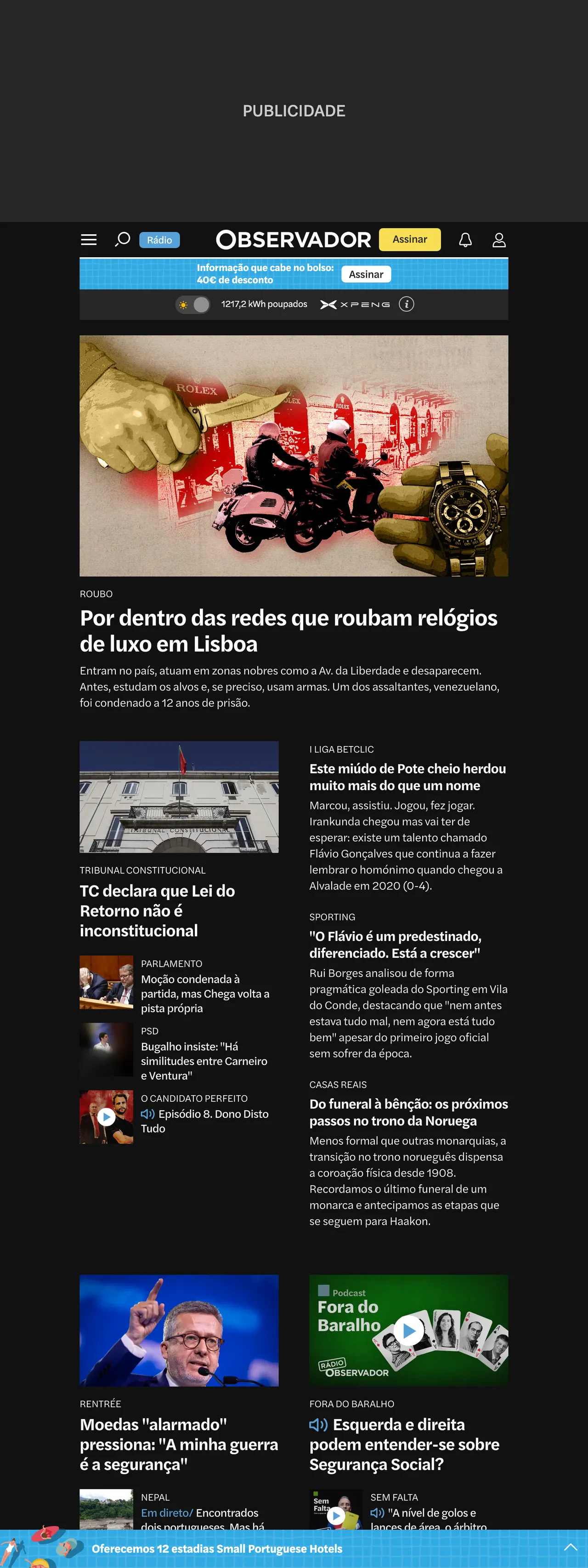 Screenshot of the Observador front page