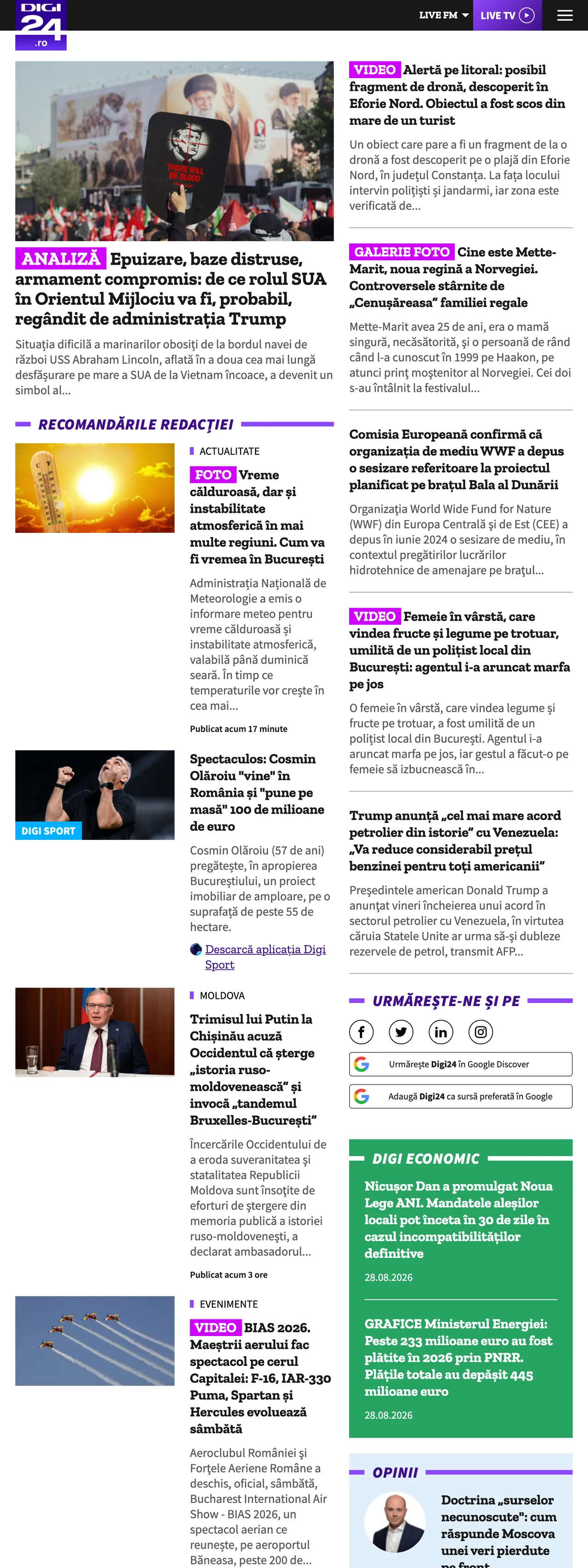 Screenshot of the Digi24 front page