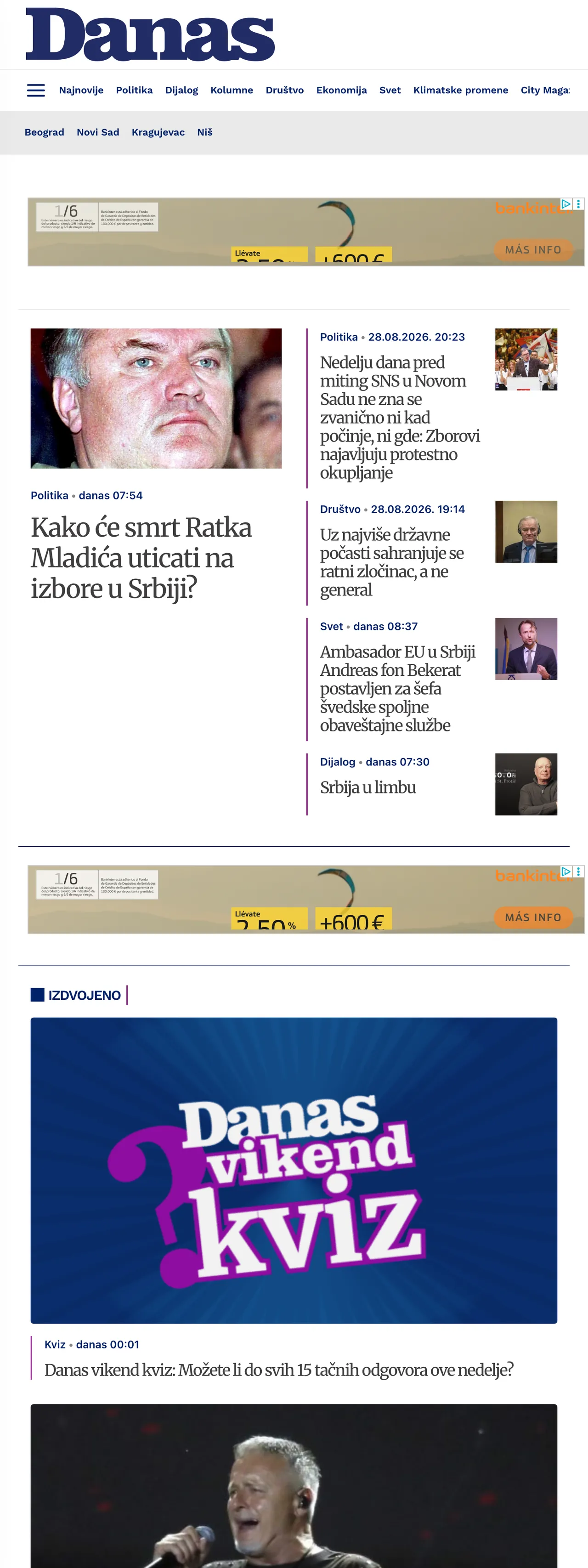 Screenshot of the Danas front page