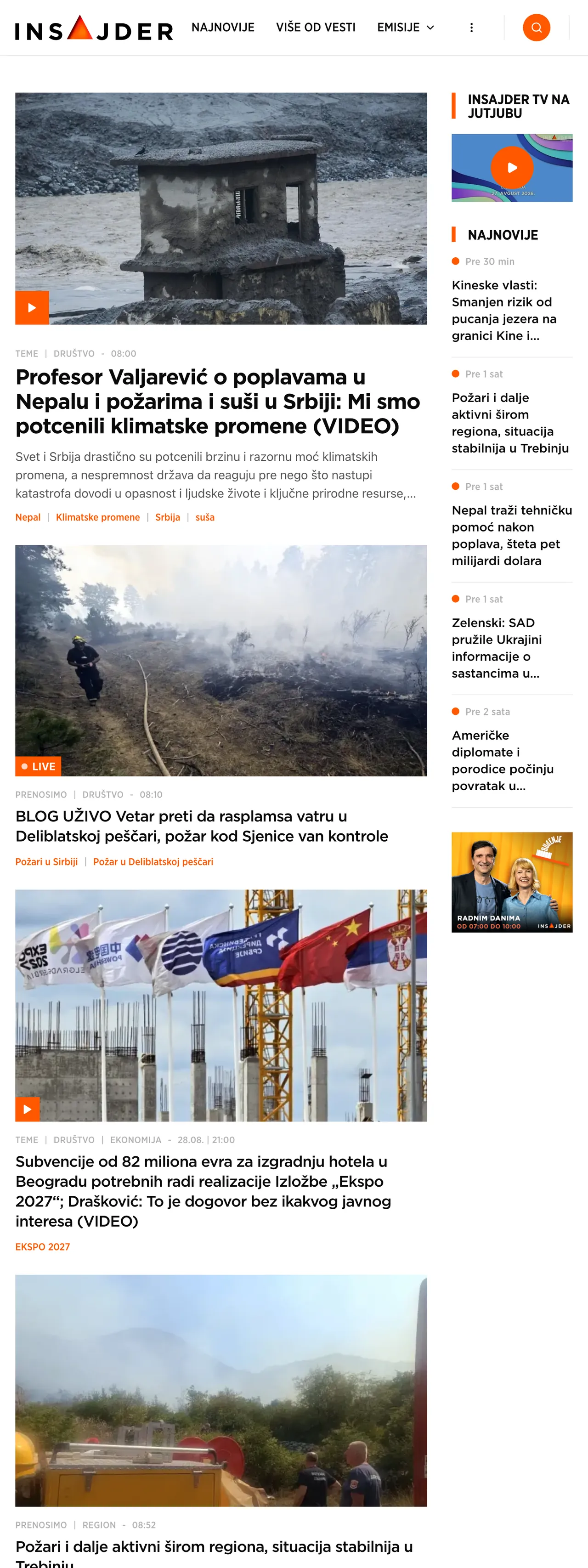Screenshot of the Insajder front page