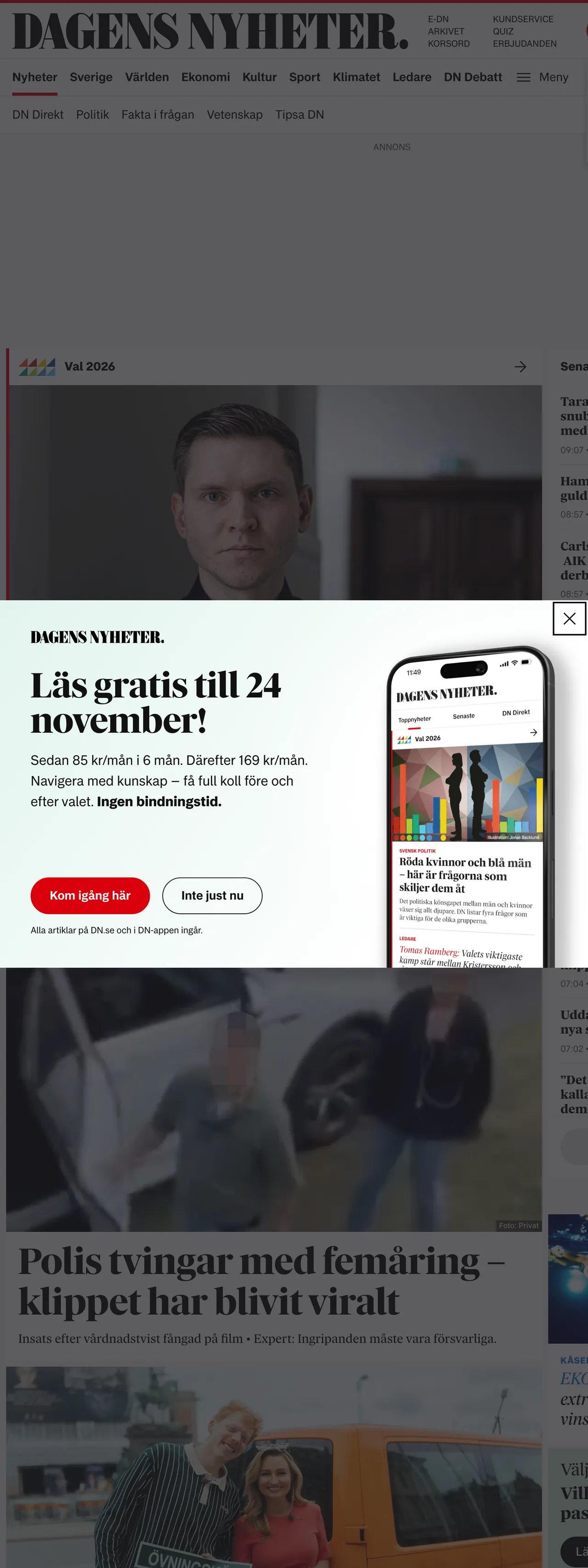 Screenshot of the Dagens Nyheter front page