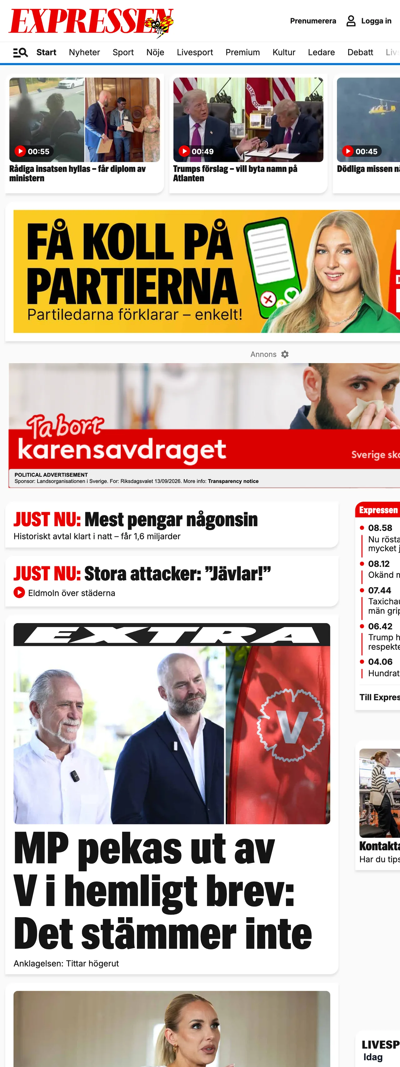 Screenshot of the Expressen front page