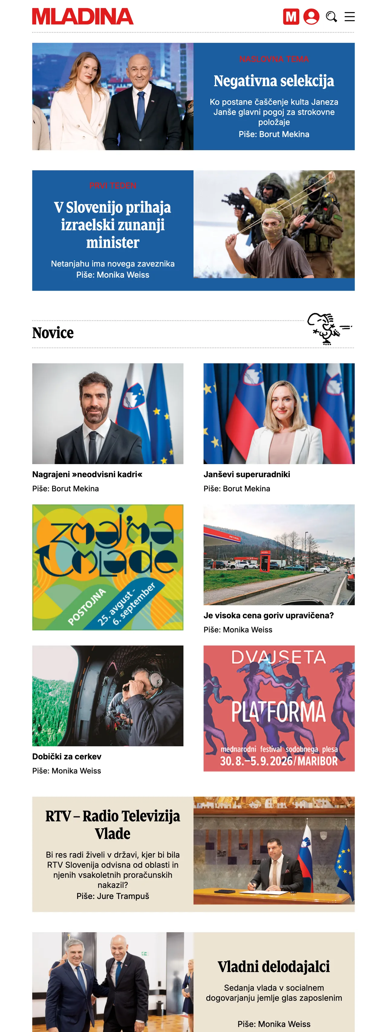 Screenshot of the Mladina front page