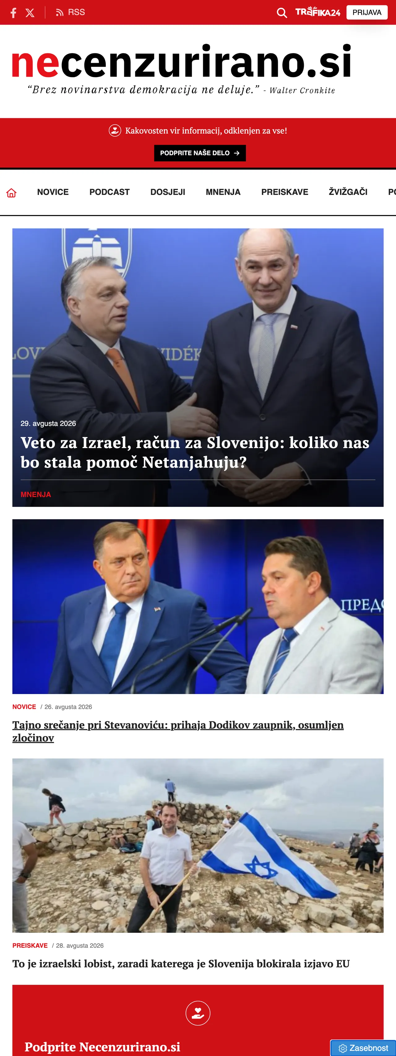 Screenshot of the Necenzurirano front page