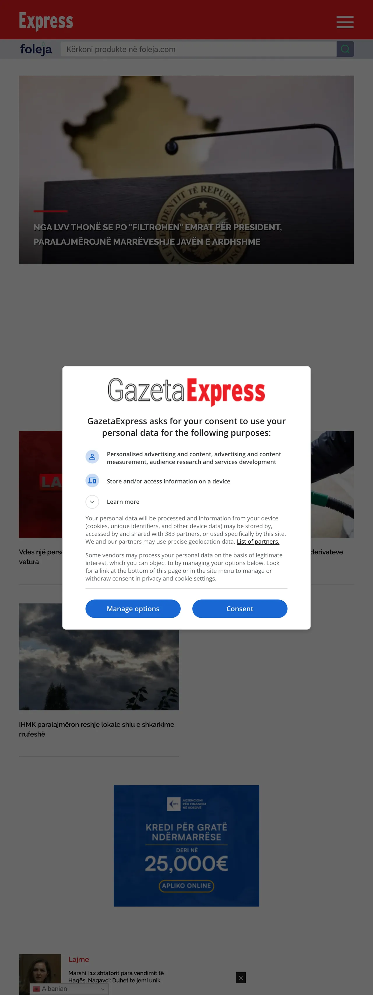 Screenshot of the Gazeta Express front page