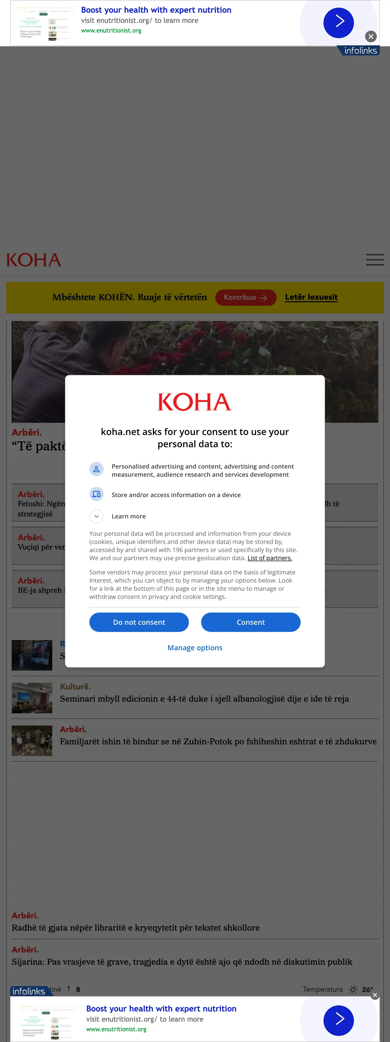 Screenshot of the Koha Ditore front page