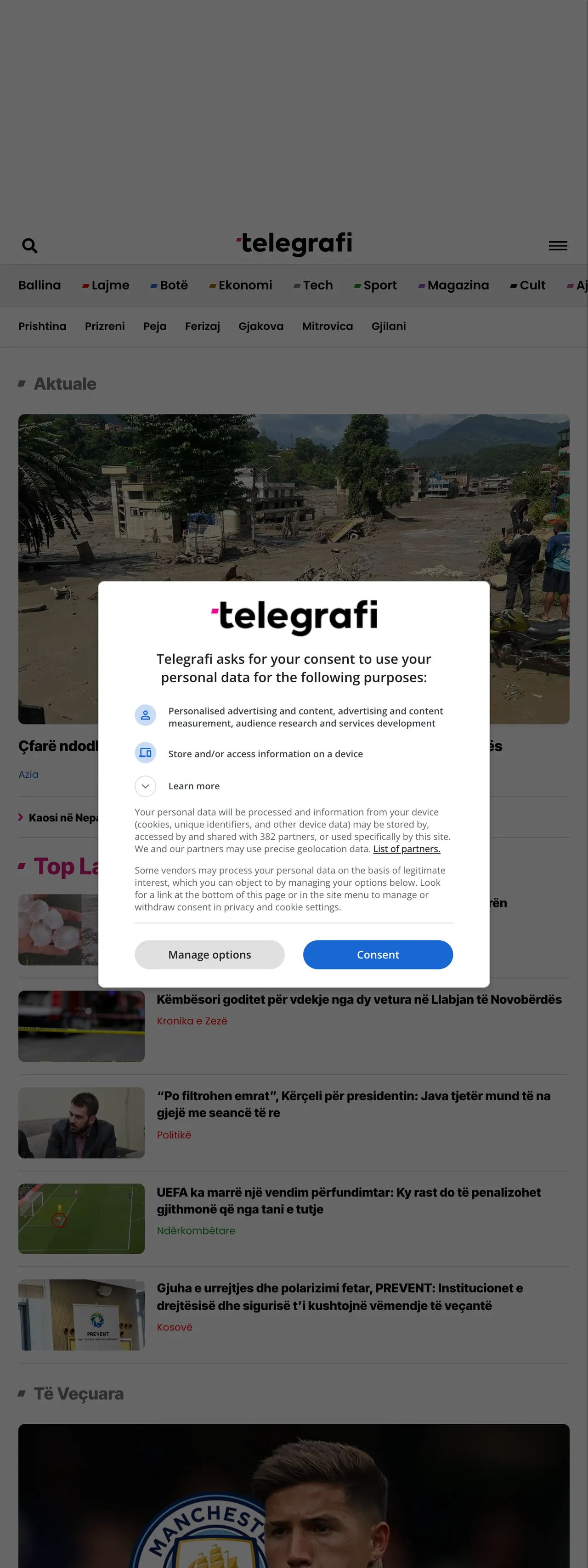 Screenshot of the Telegrafi front page