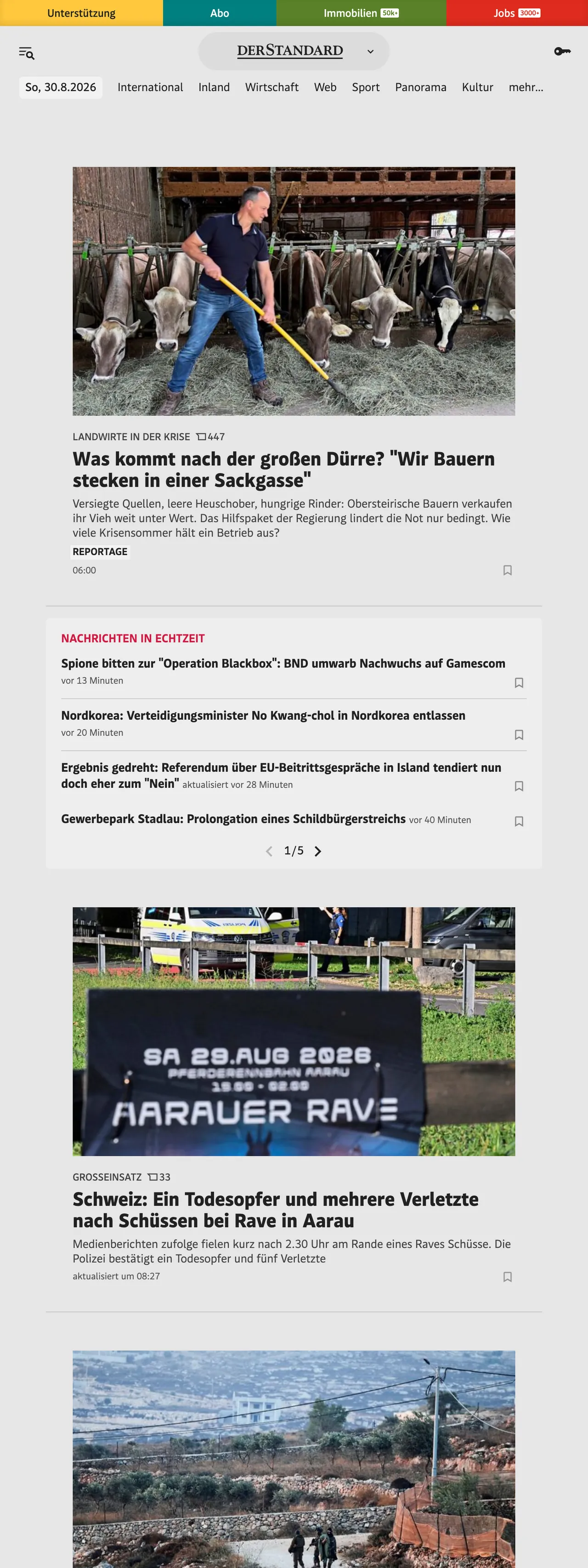 Screenshot of the DER STANDARD front page