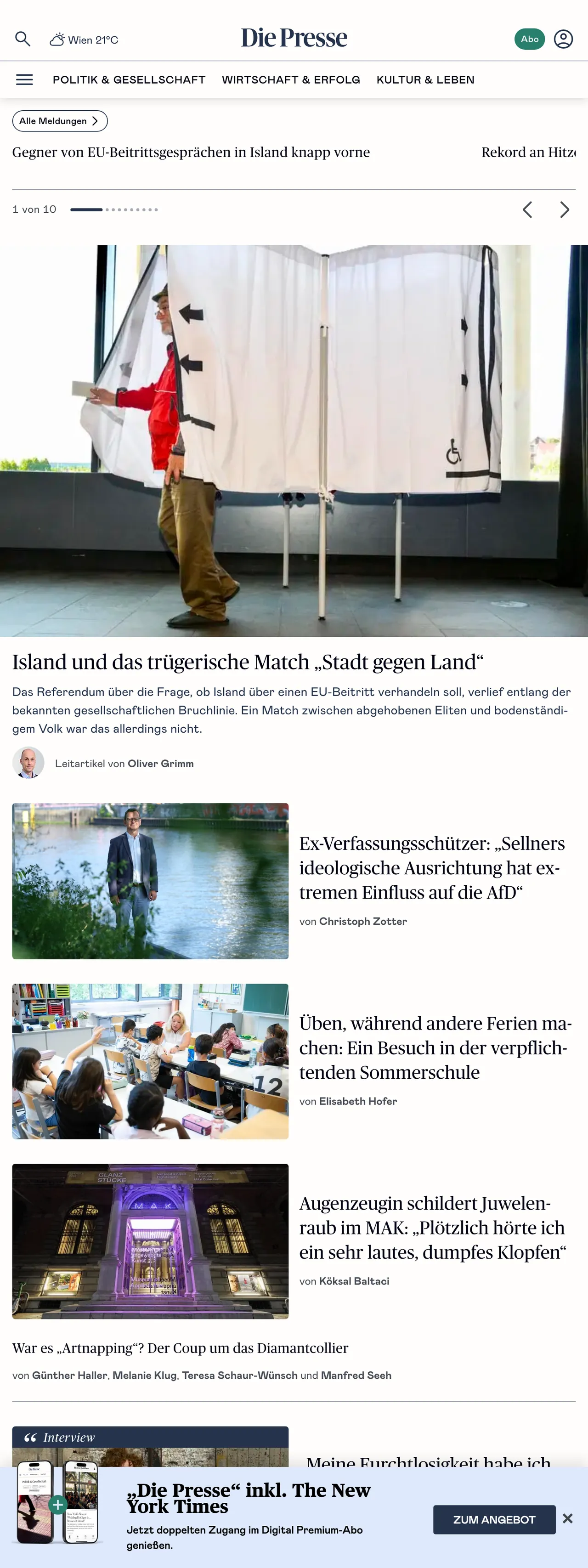 Screenshot of the Die Presse front page