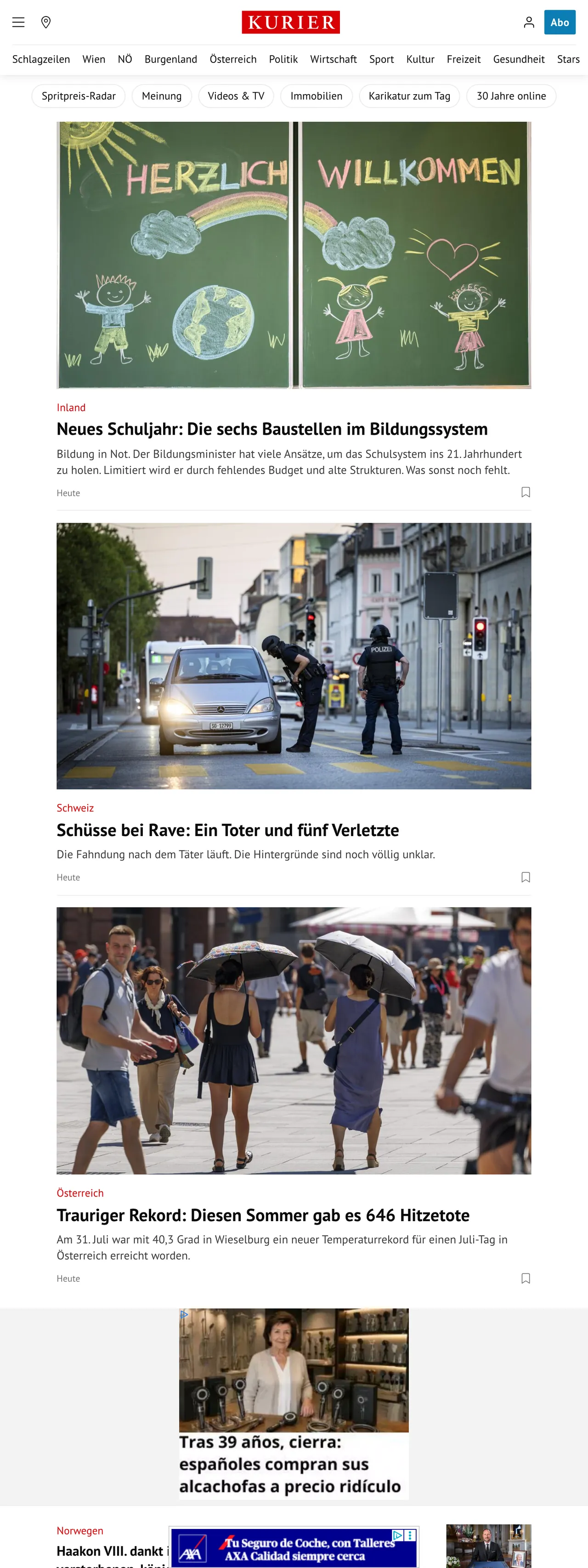 Screenshot of the Kurier front page