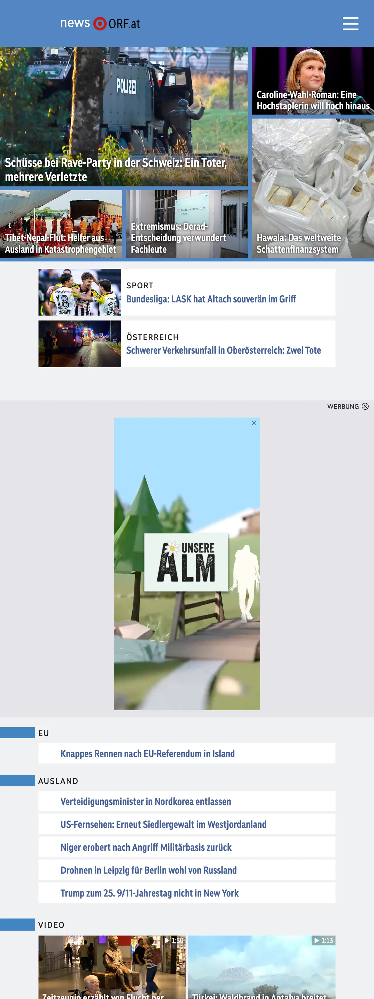 Screenshot of the ORF front page