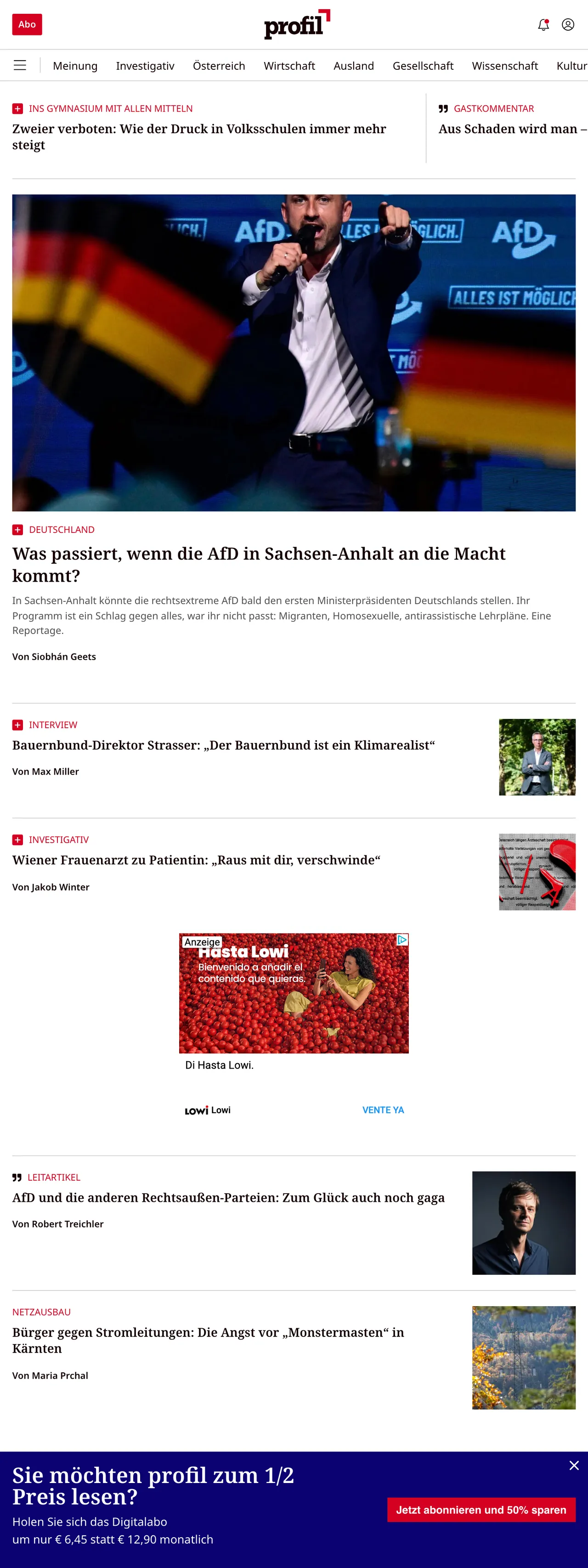 Screenshot of the profil front page