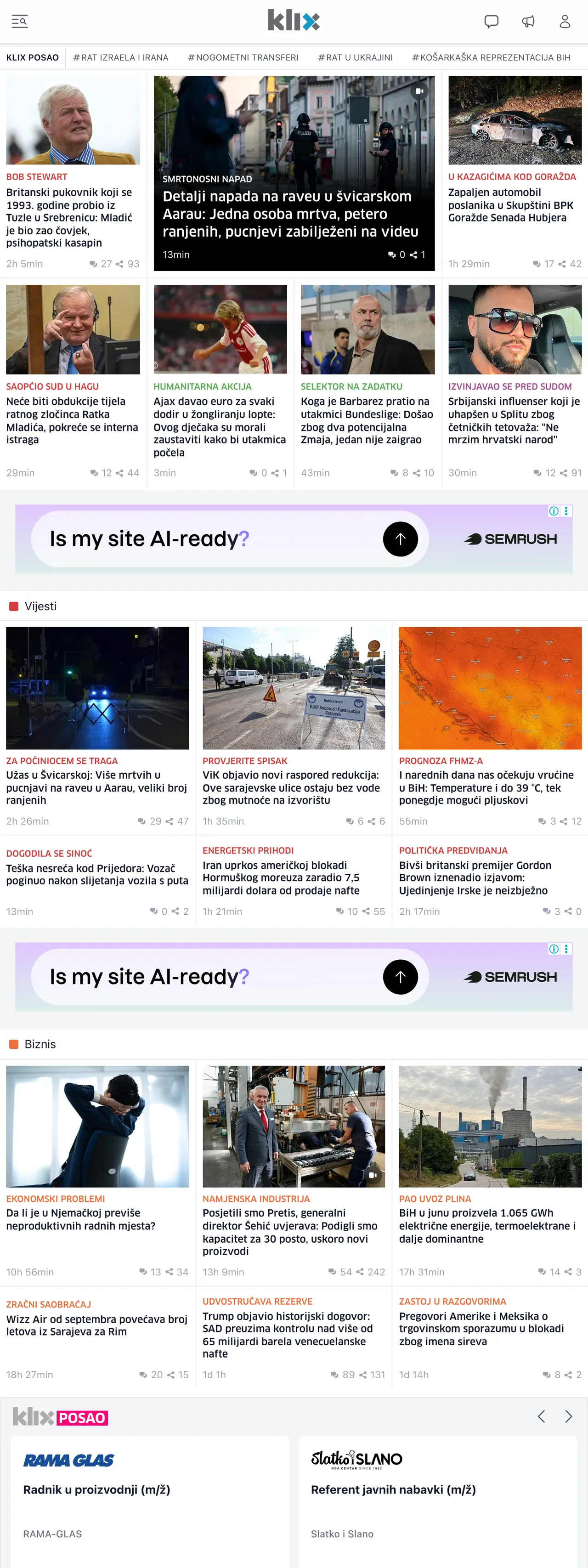 Screenshot of the Klix.ba front page