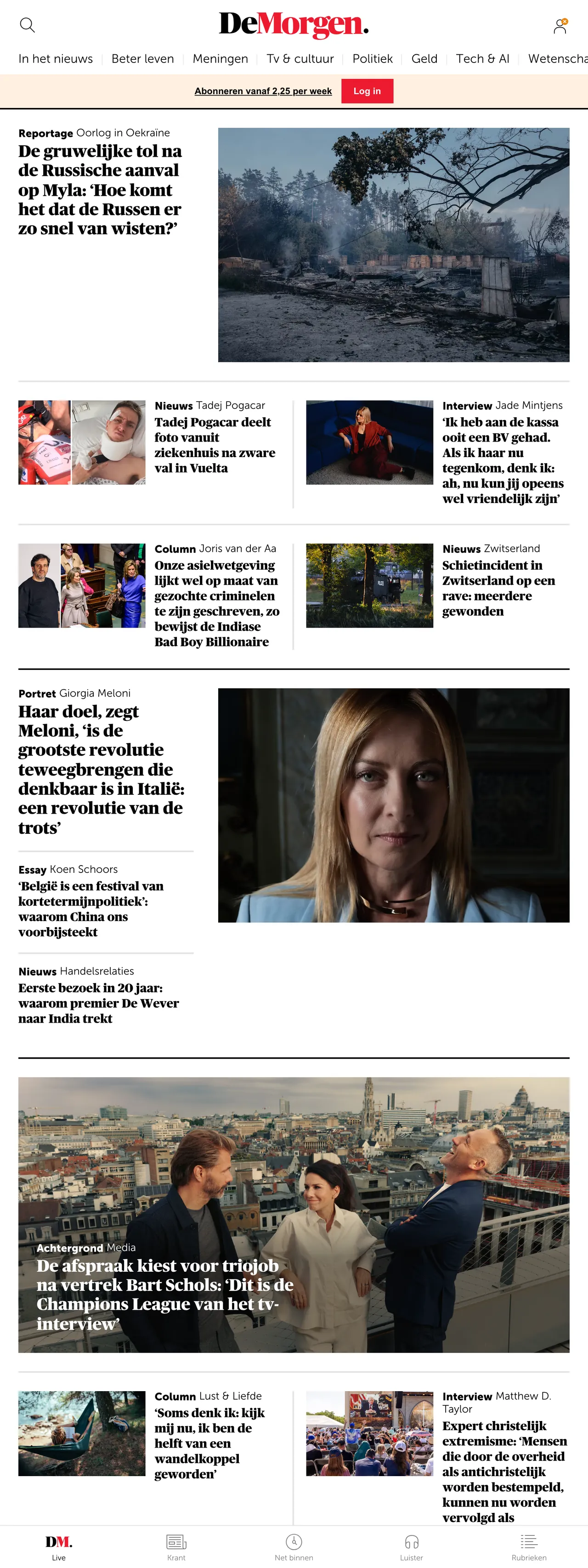 Screenshot of the De Morgen front page