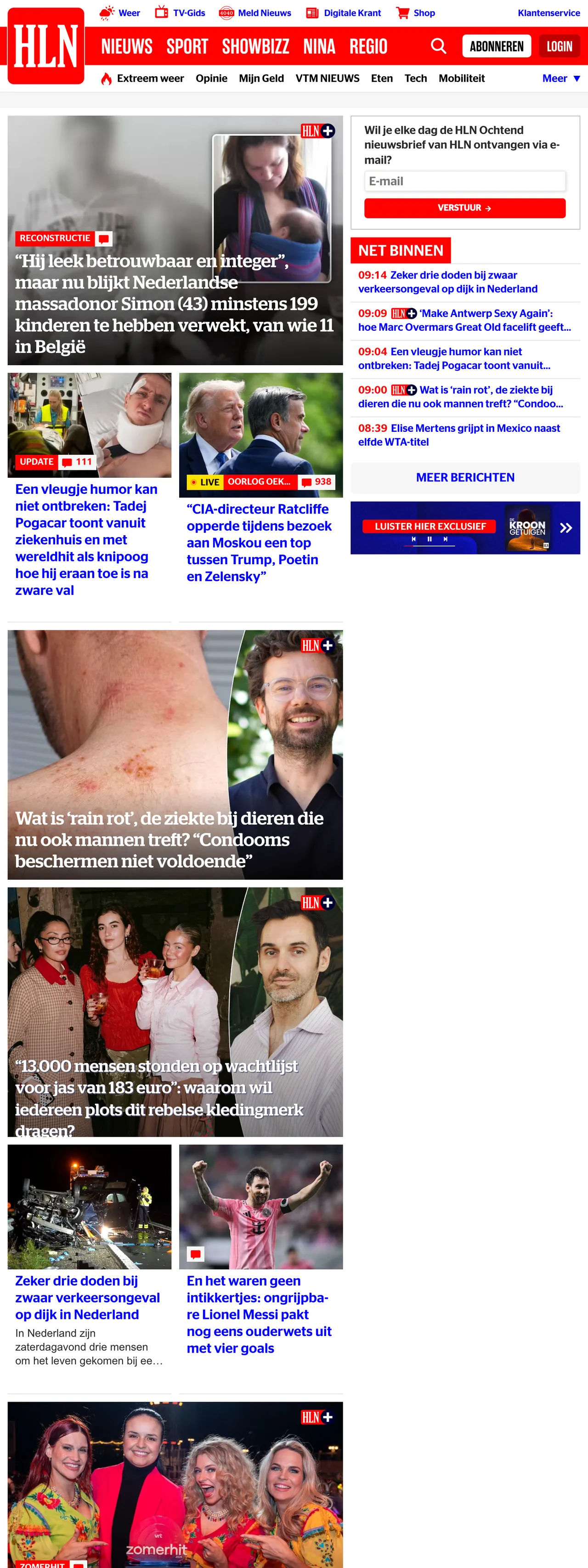 Screenshot of the HLN front page