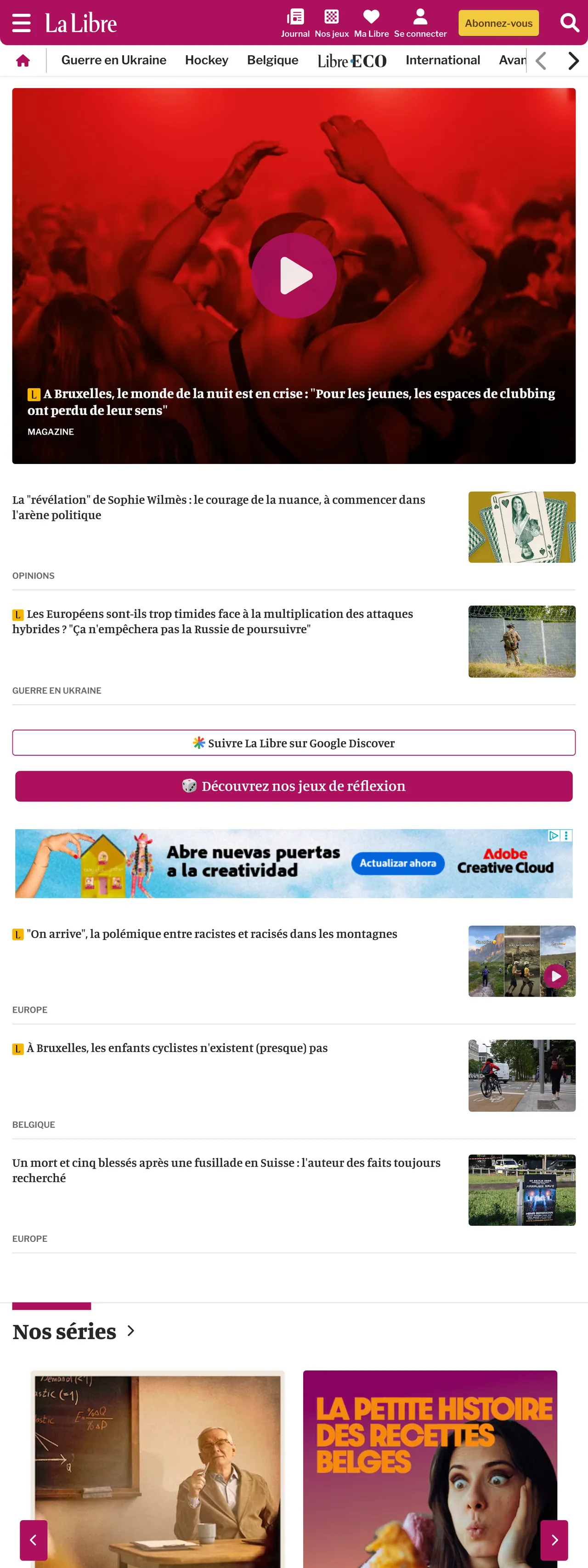 Screenshot of the La Libre front page