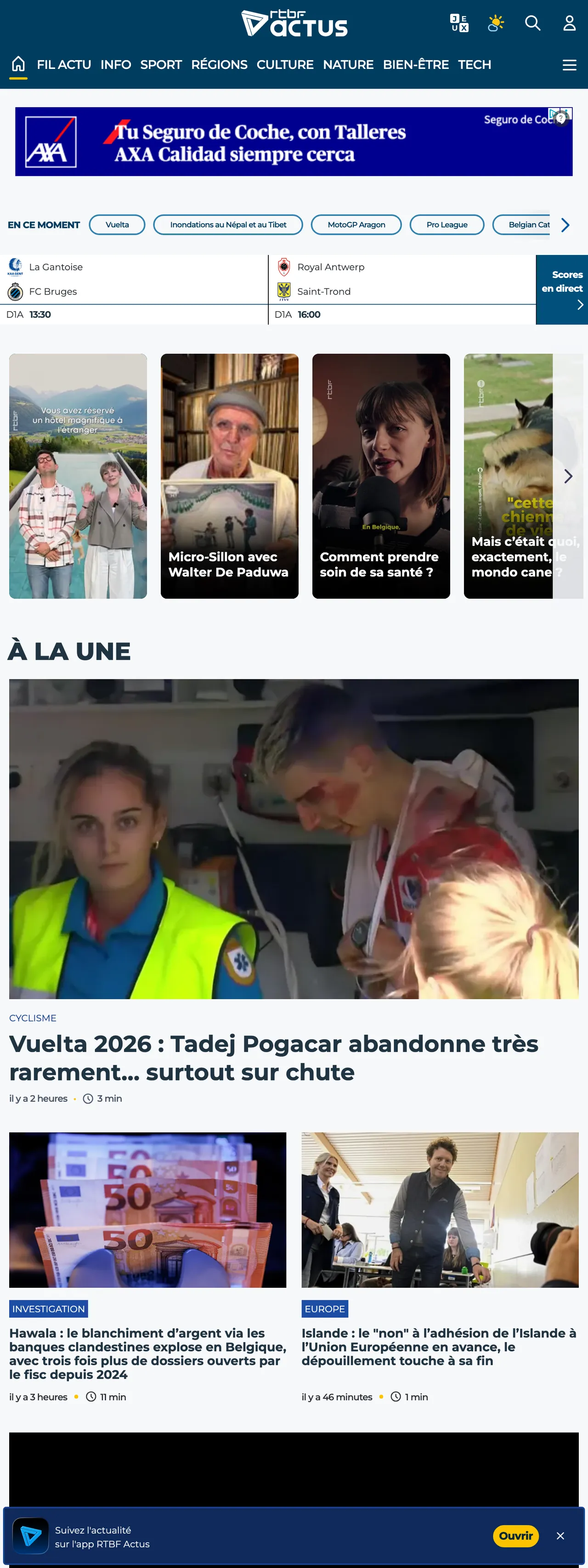 Screenshot of the RTBF front page