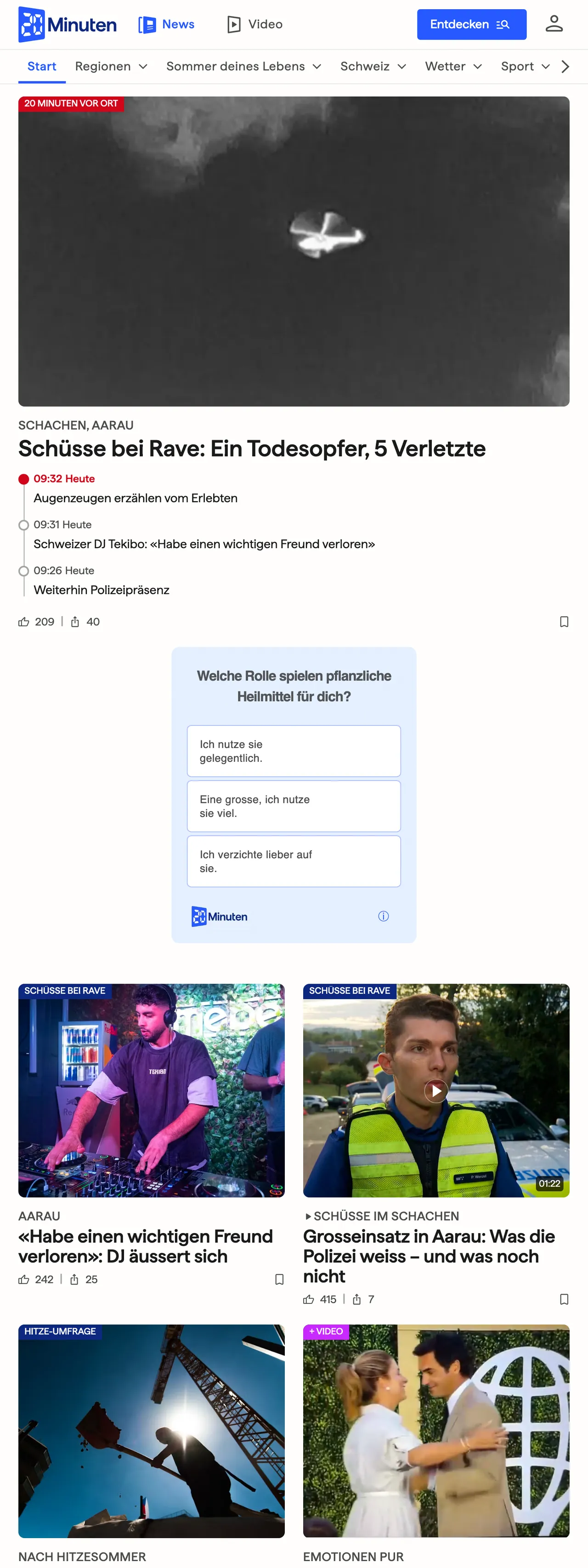 Screenshot of the 20 Minuten front page