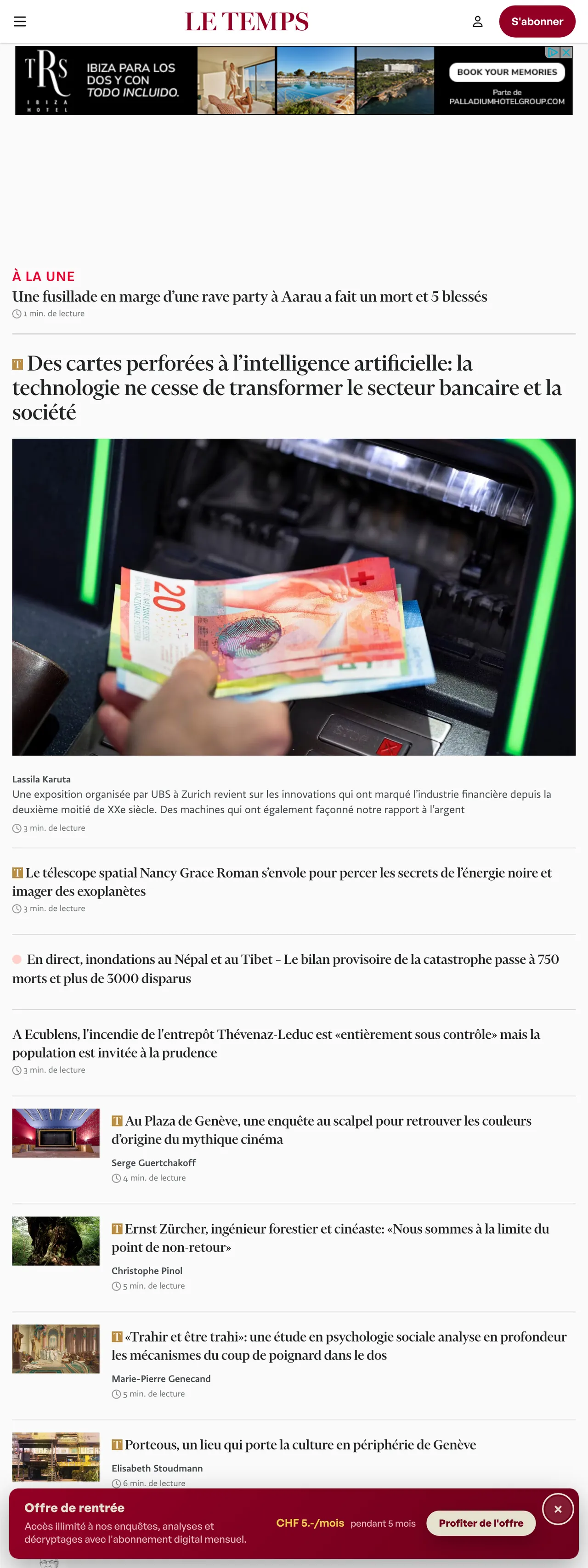 Screenshot of the Le Temps front page