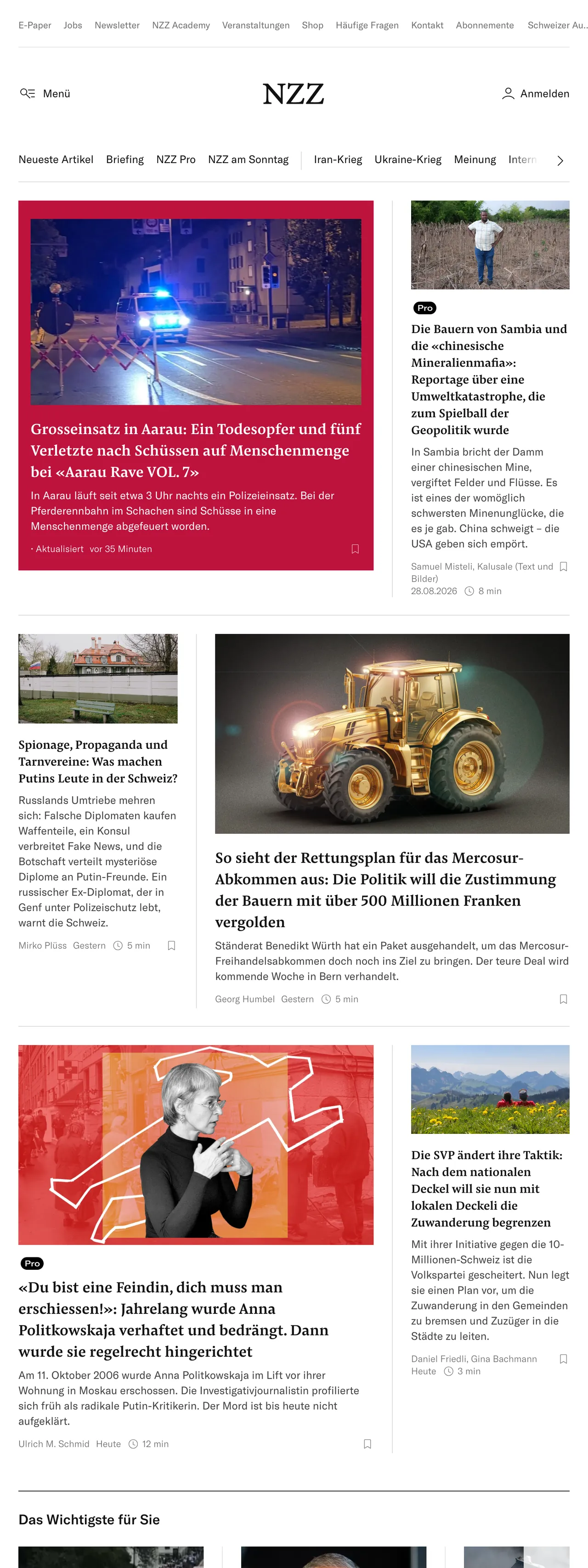 Screenshot of the Neue Zürcher Zeitung front page