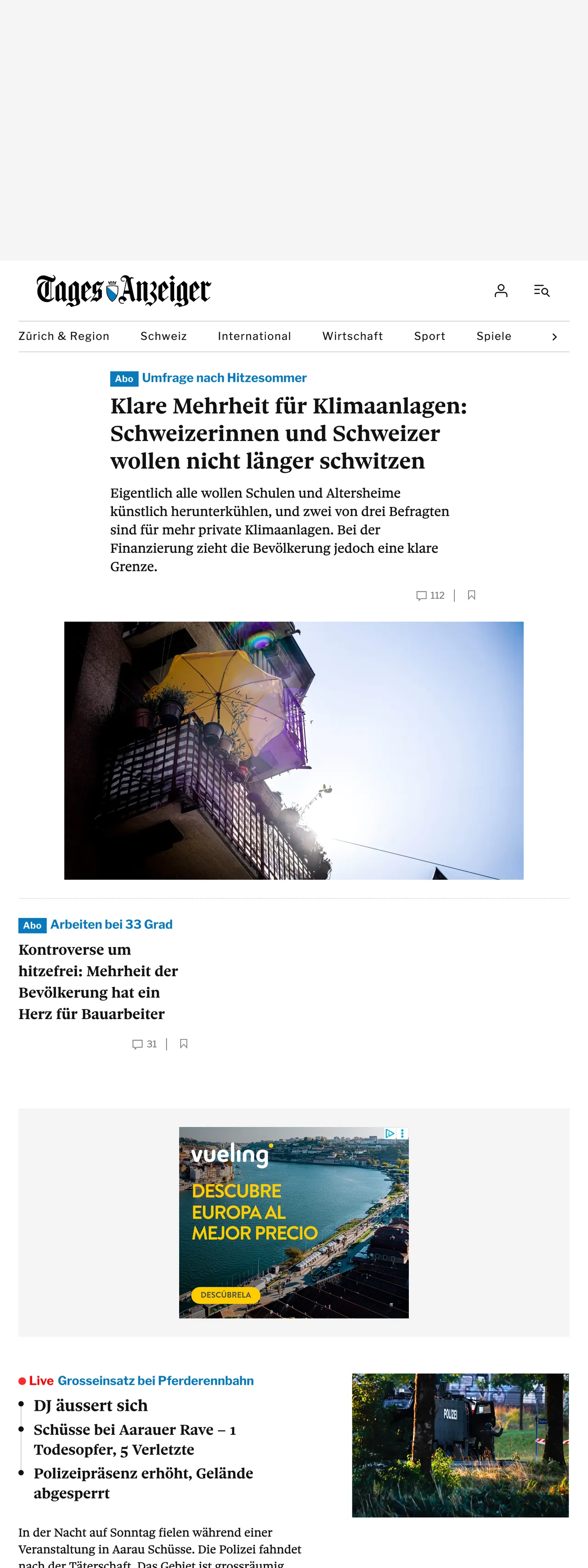 Screenshot of the Tages-Anzeiger front page