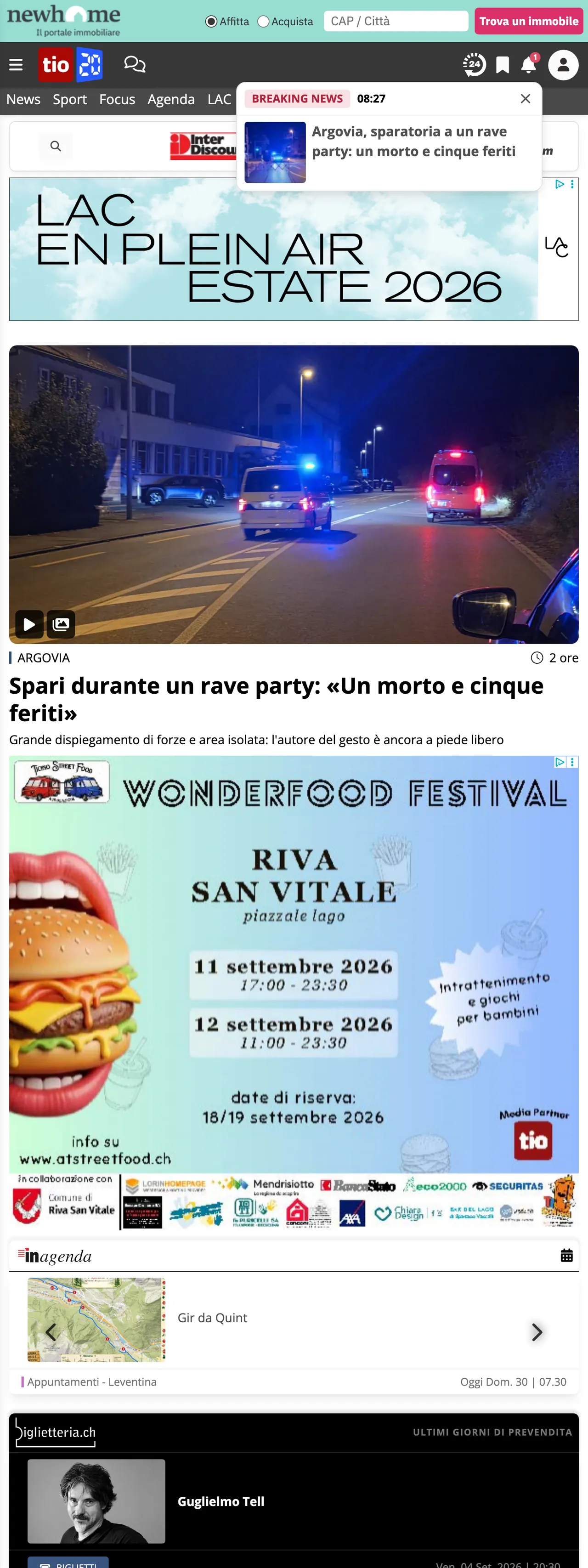 Screenshot of the Ticinonline front page
