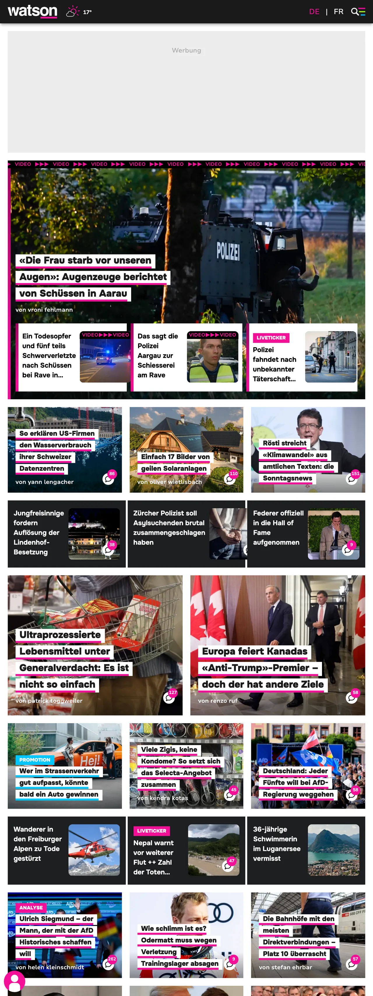 Screenshot of the watson front page