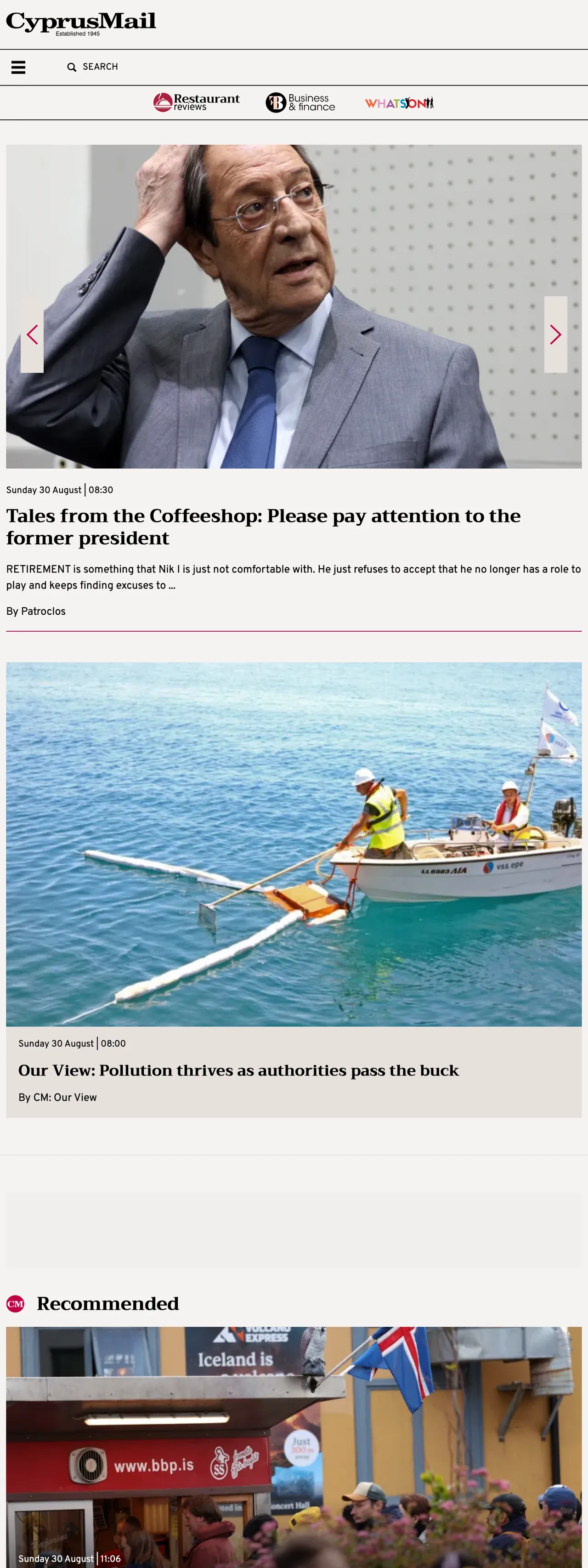 Screenshot of the Cyprus Mail front page