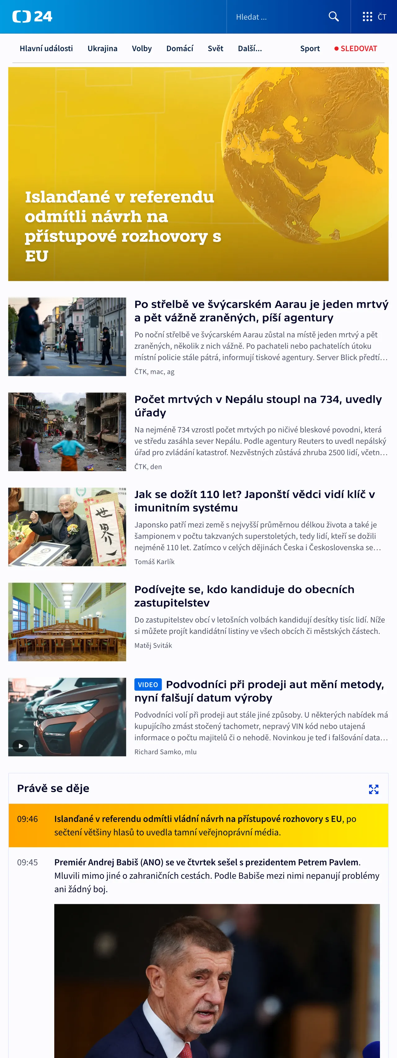 Screenshot of the ČT24 front page