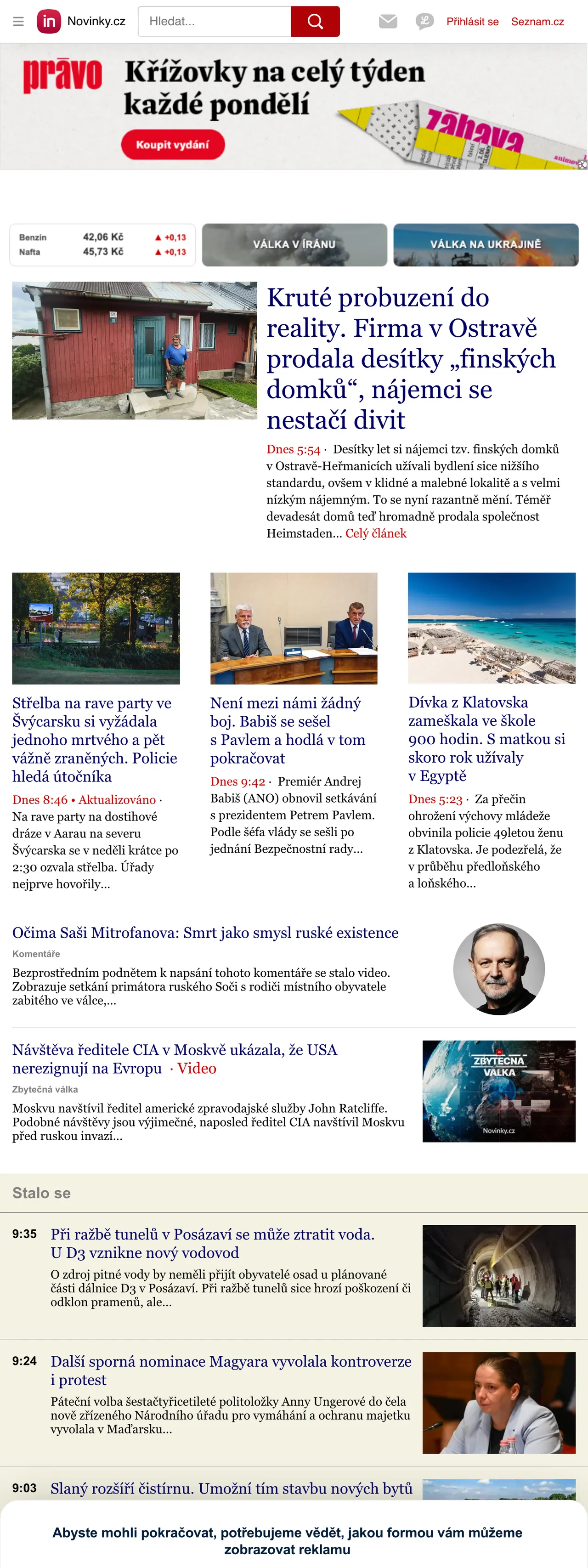 Screenshot of the Novinky.cz front page