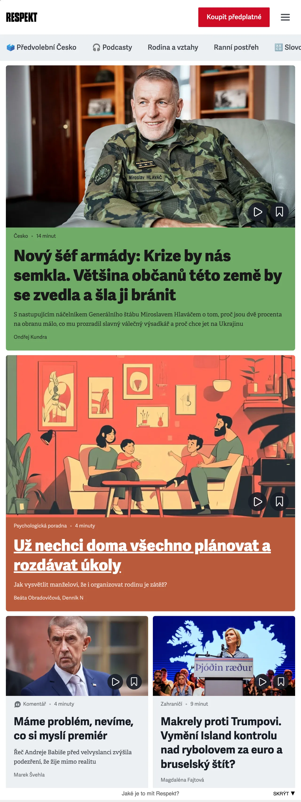Screenshot of the Respekt front page