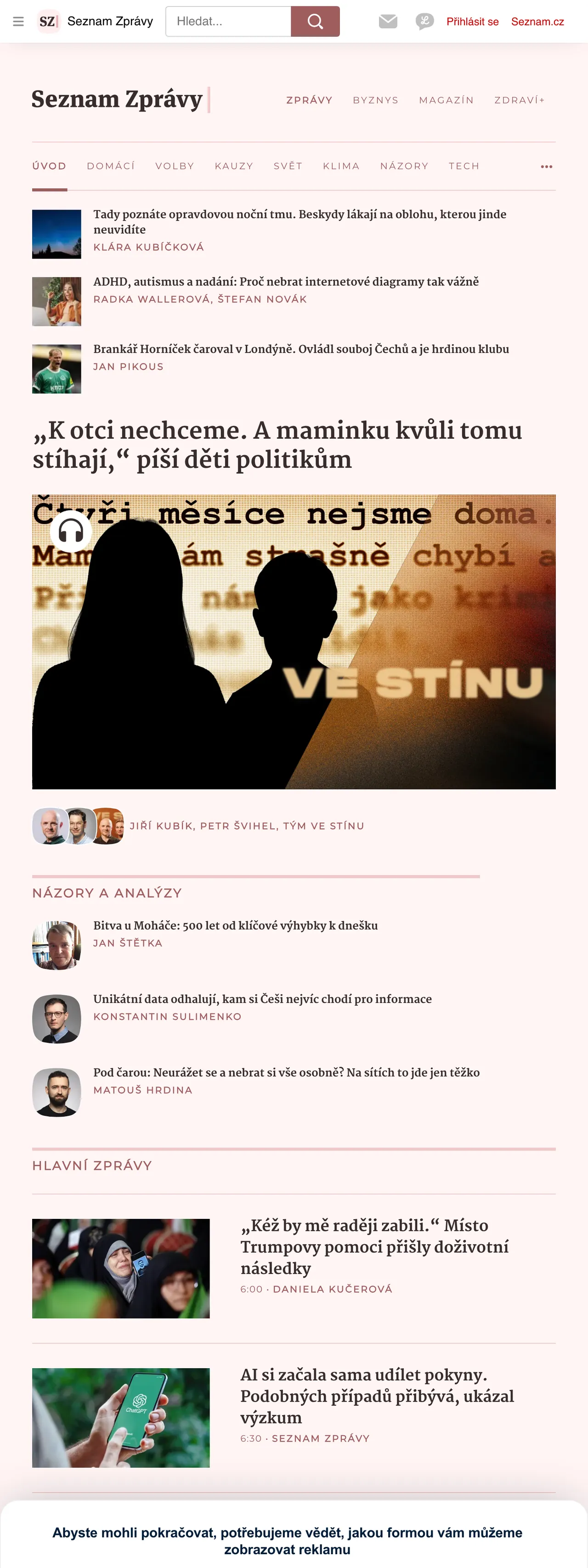 Screenshot of the Seznam Zprávy front page
