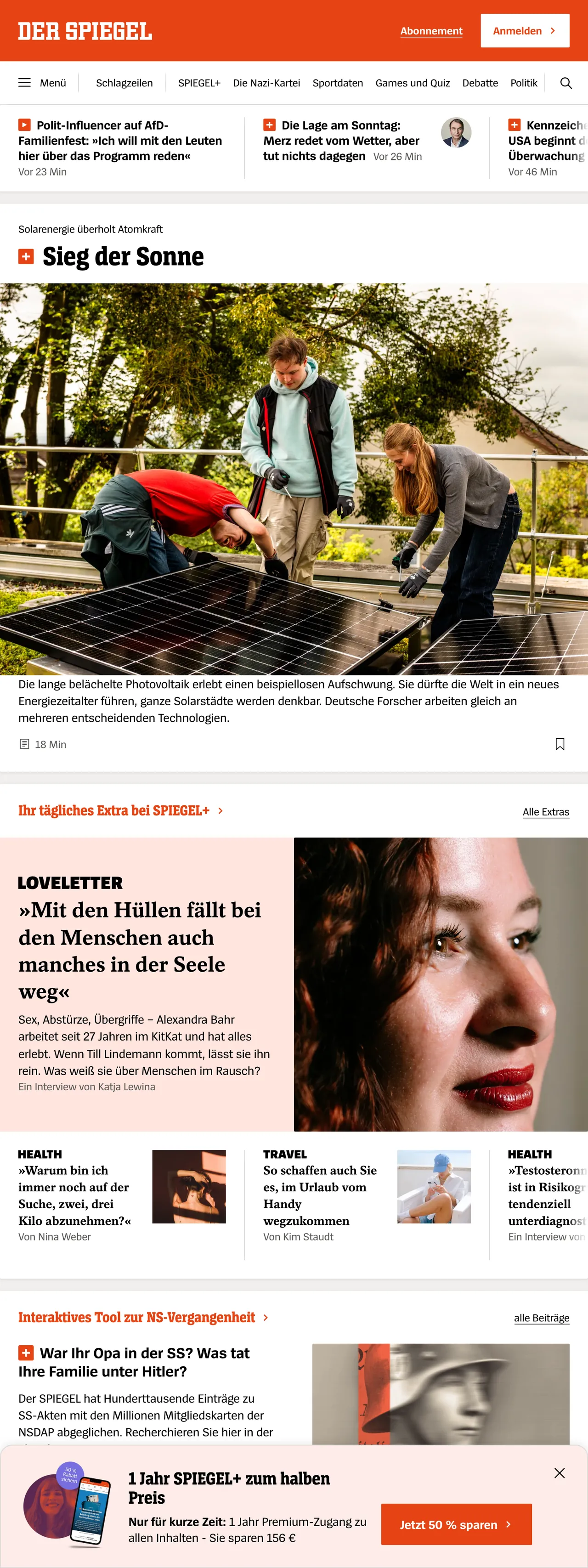 Screenshot of the DER SPIEGEL front page