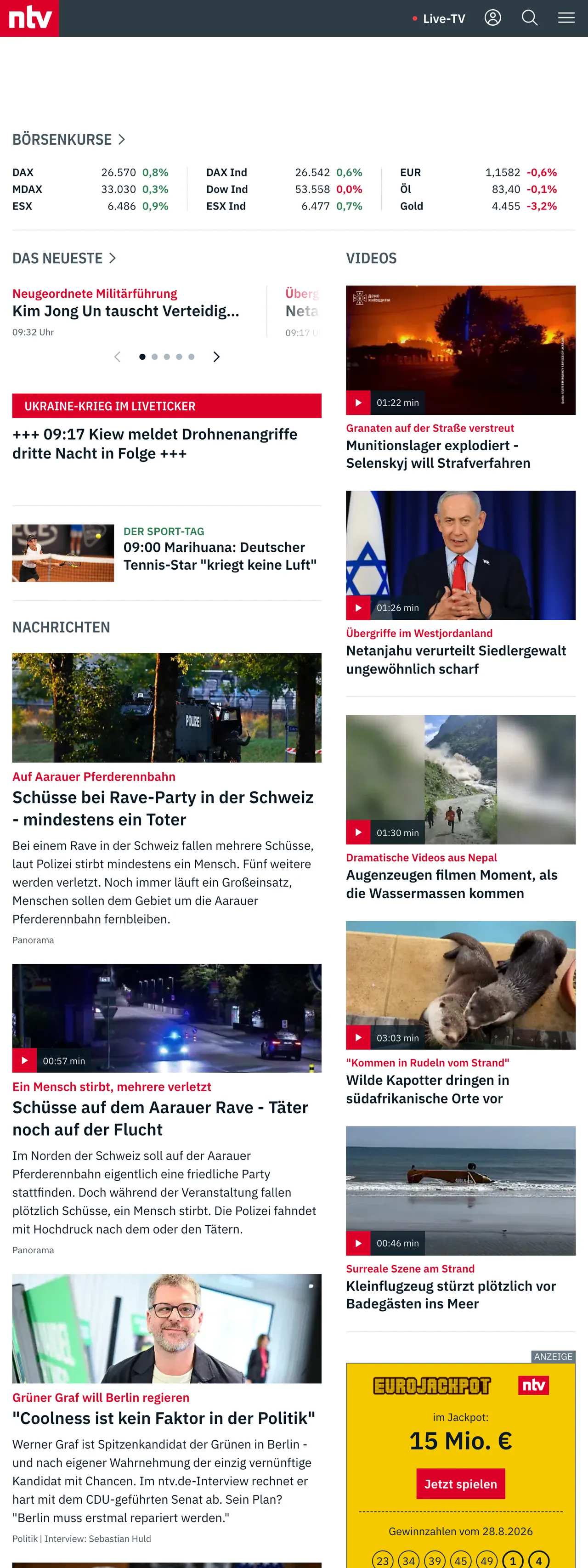 Screenshot of the n-tv front page