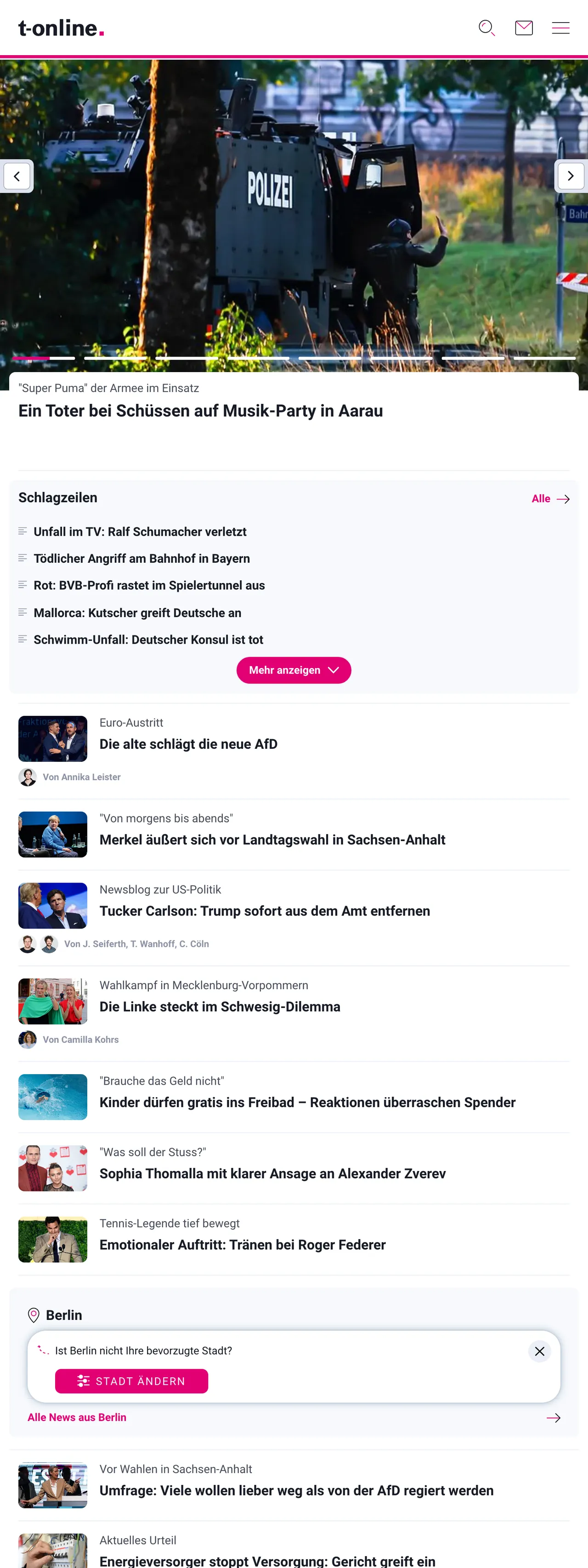 Screenshot of the t-online front page