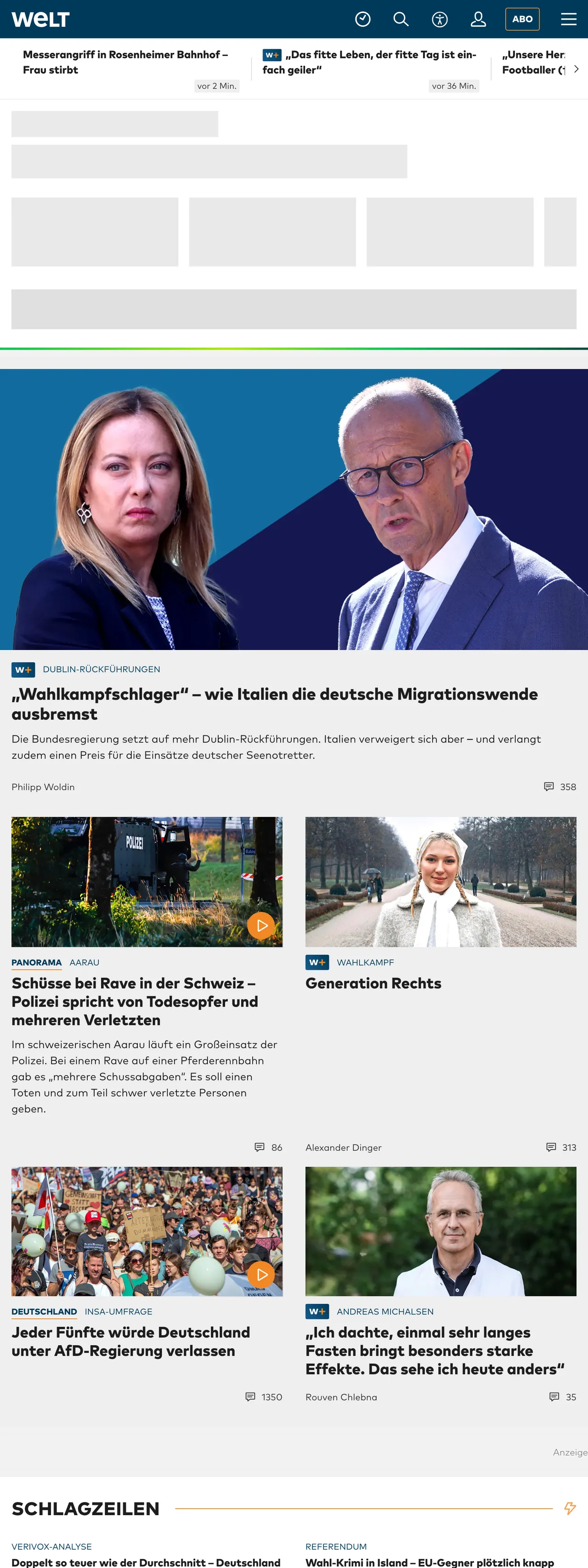 Screenshot of the WELT front page