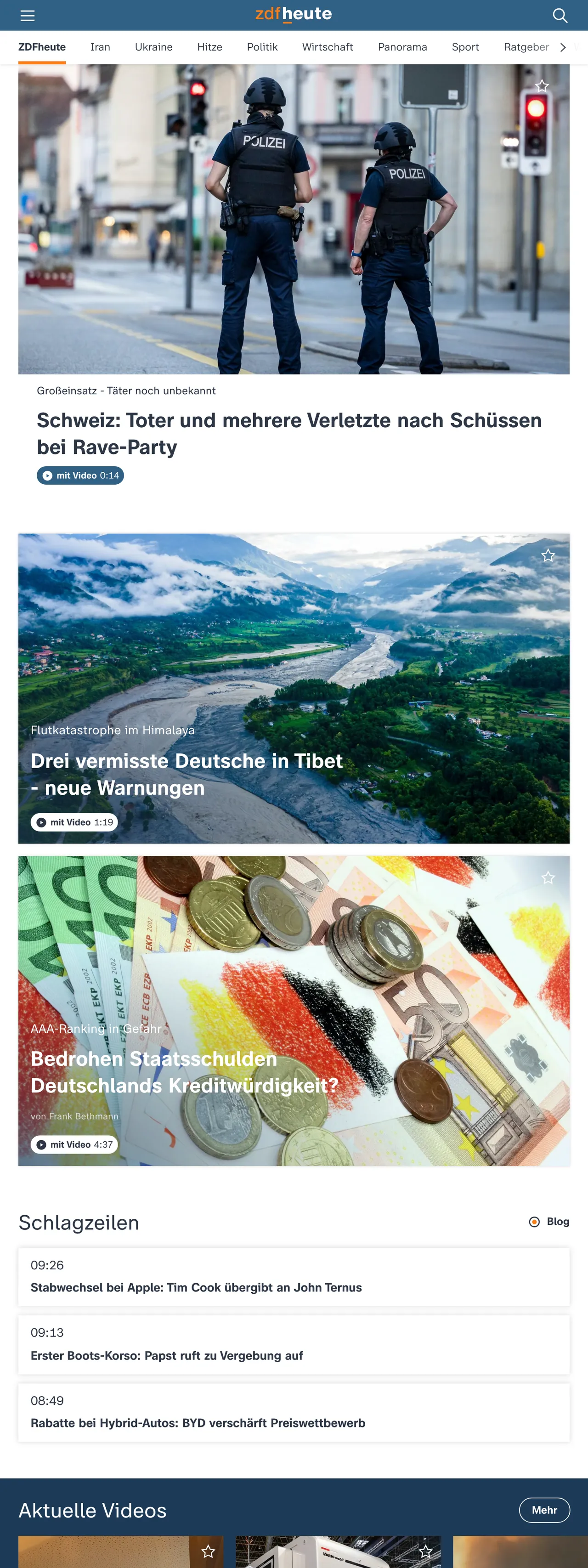 Screenshot of the ZDFheute front page